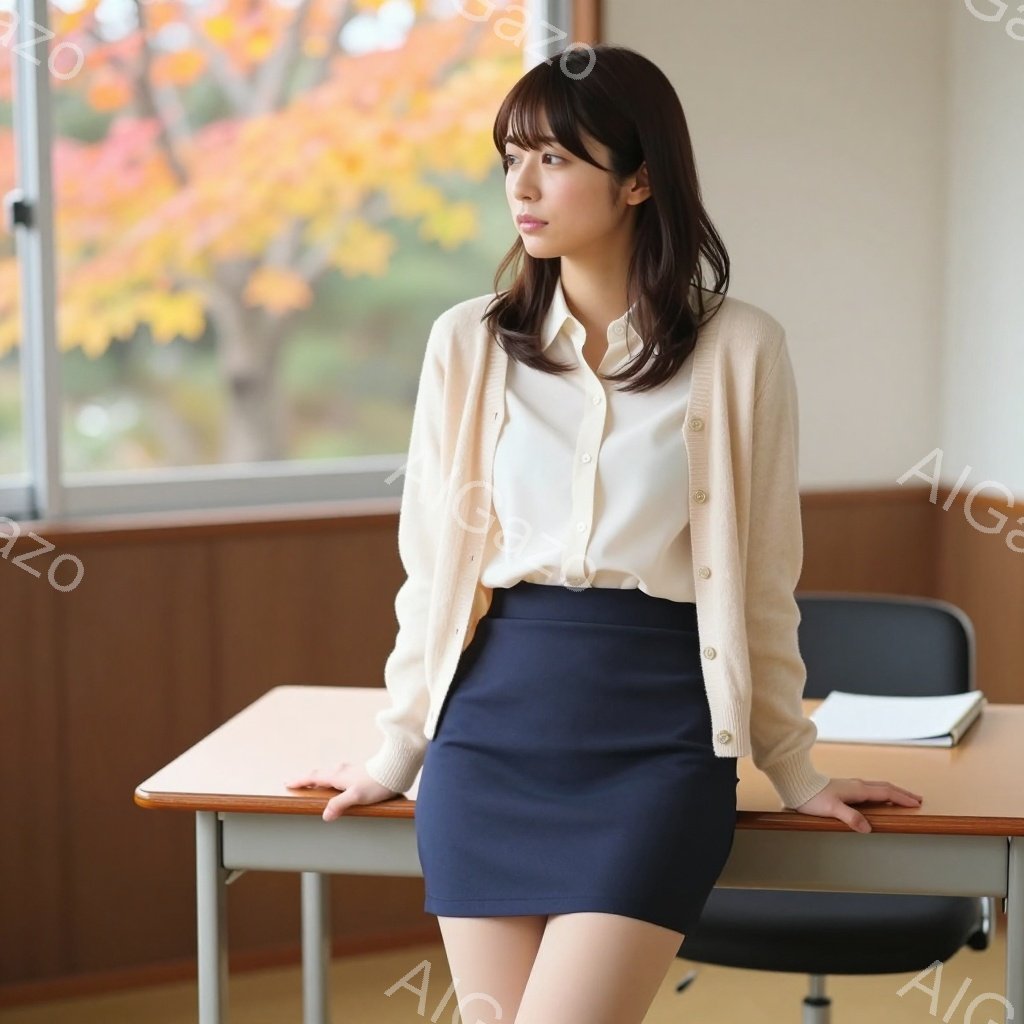 若い女性が教室に立っており、ベージュのカーディガン、白いシャツ、紺色のスカートを着用しています。彼女は窓の外を見つめ、少し微笑んでおり、リラックスした雰囲気を醸し出しています。背景には鮮やかな紅葉が見え、秋の穏やかな日差しが差し込む教室の様子が伺えます。