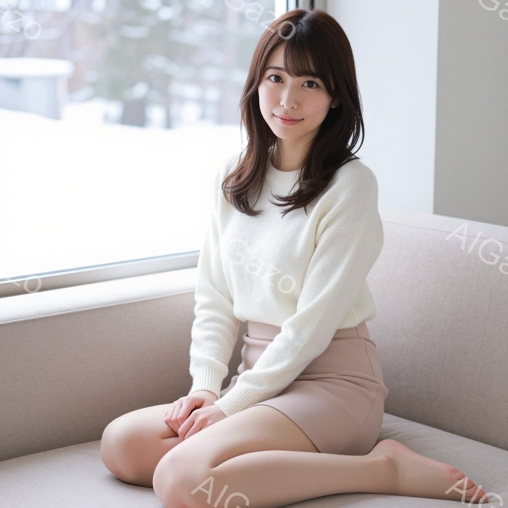 画像には、ベージュのソファに座っている若い女性が写っています。彼女はオフホワイトのセーターとピンクのスカートを身につけ、足は裸足です。柔らかな笑顔を浮かべ、リラックスした雰囲気で、背景にはぼやけた建物 - AI生成フリー素材