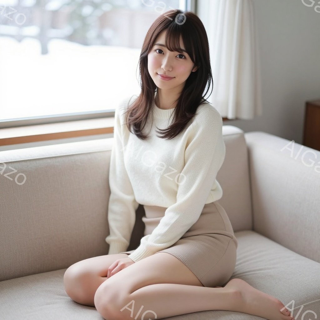 明るい色のソファに座っている女性が写っています。オフホワイトのセーターとベージュのスカートを身につけ、足はむき出しになっています。彼女は微笑んでおり、長い茶髪は肩にかかる長さで、リラックスした雰囲気です。