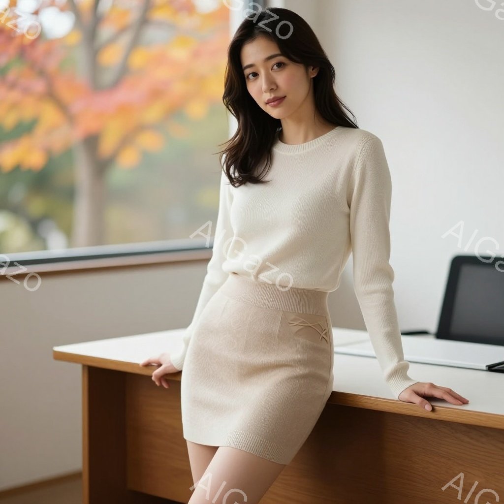 明るい茶色のセーターとミニスカートを身につけた女性が写っています。彼女は肩を少し下げ、片手を机に添え、微笑んでいます。背景には緑豊かな木々が見え、室内は明るく、暖かく、穏やかな雰囲気です。 - AI生成フリー素材