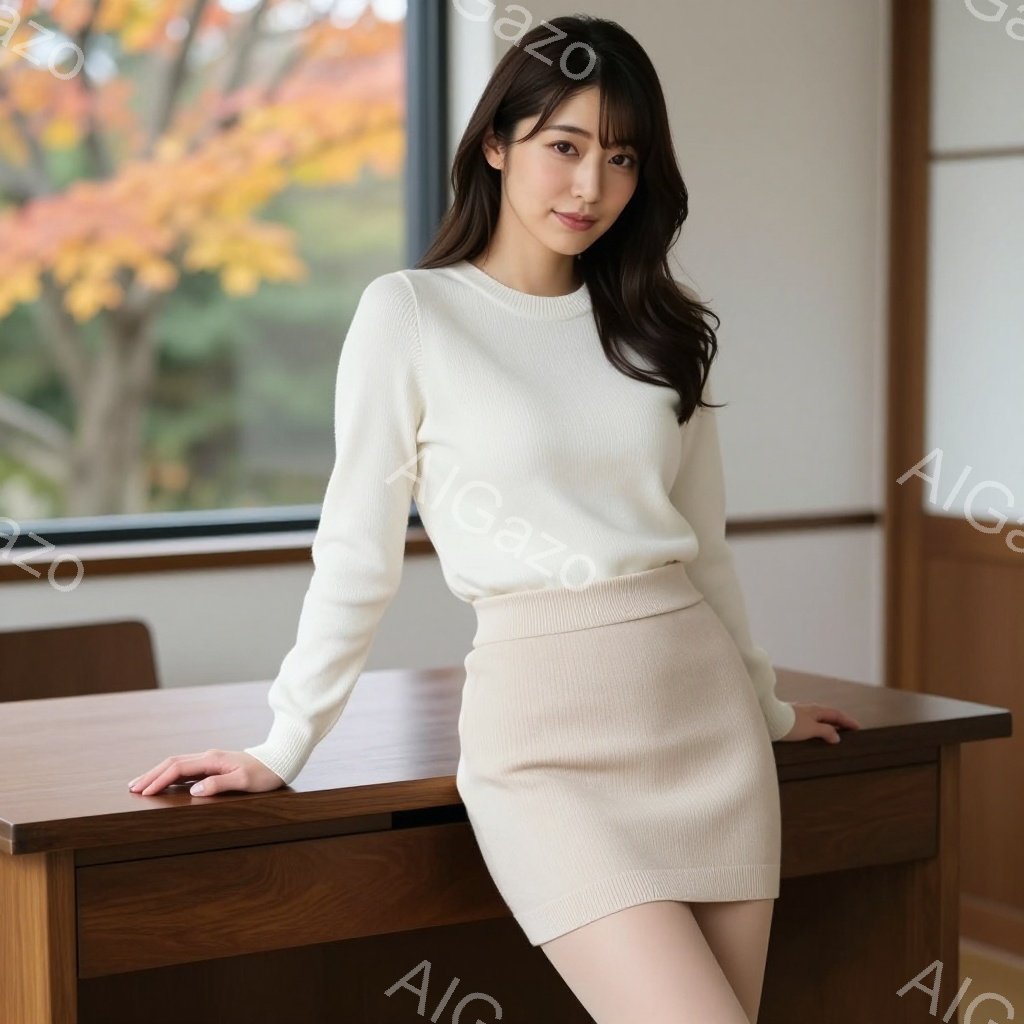 明るい髪の女性が、ベージュのニットのセットアップを着て、テーブルにもたれて立っている。彼女は微笑んでおり、リラックスした雰囲気で、窓の外には秋の紅葉が見える。全体的に、暖かく、穏やかな印象を受ける写真である。