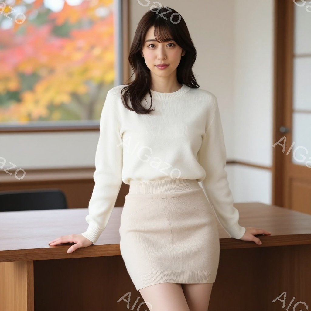 長いダークブラウンの髪を持つ女性が、クリーム色のニットセーターとミニスカートを身につけている。彼女はテーブルに両手を置き、少し微笑んだ表情で、リラックスした姿勢で立っている。背景には、鮮やかな紅葉の風景が見える窓があり、室内は暖かく穏やかな雰囲気である。