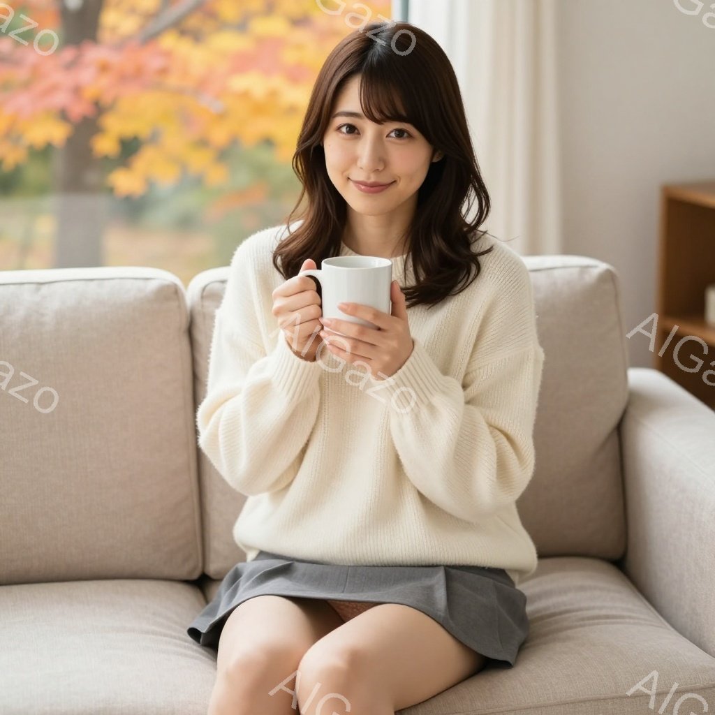 明るい茶髪の女性が、ベージュ色のソファに座って白いマグカップを両手で抱えています。白いゆったりとしたセーターと、グレーの短いスカートを身に着け、穏やかな笑顔を浮かべています。窓の外には紅葉した木々が見え、室内は暖かく落ち着いた雰囲気です。
