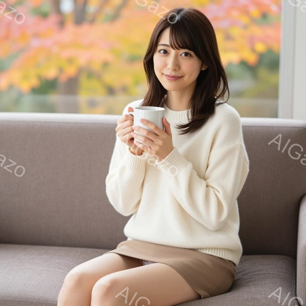 明るい茶髪の女性が、ベージュのソファに座って白いセーターとベージュのスカートを着ています。彼女は両手で白いマグカップを持って微笑んでおり、穏やかでリラックスした表情をしています。背景には紅葉した木々が見え、暖かく穏やかな秋の雰囲気を感じさせます。