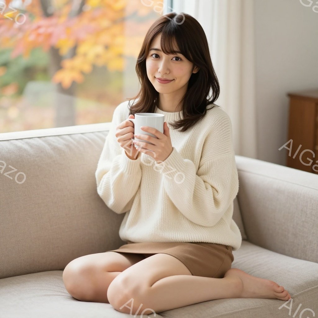 明るい窓辺で、ベージュのニットとスカートを身につけた女性が微笑んでいる。彼女は両手で白いマグカップを持ち、リラックスした姿勢でソファに座っている。背景には紅葉した木々が見え、穏やかで温かい雰囲気が漂っている。