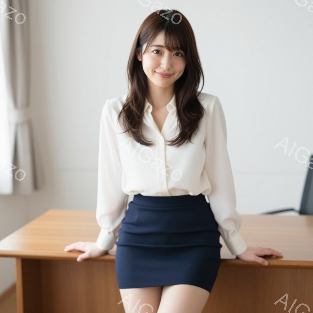 長い茶色の髪を肩にかかるようにした女性が、白いブラウスと紺色のタイトスカートを着ています。彼女はわずかに微笑んでおり、片手をテーブルに乗せ、リラックスした姿勢でカメラを見ています。背景には木製のテーブルと、ぼやけた白い壁が見え、明るく清潔な印象を与えます。