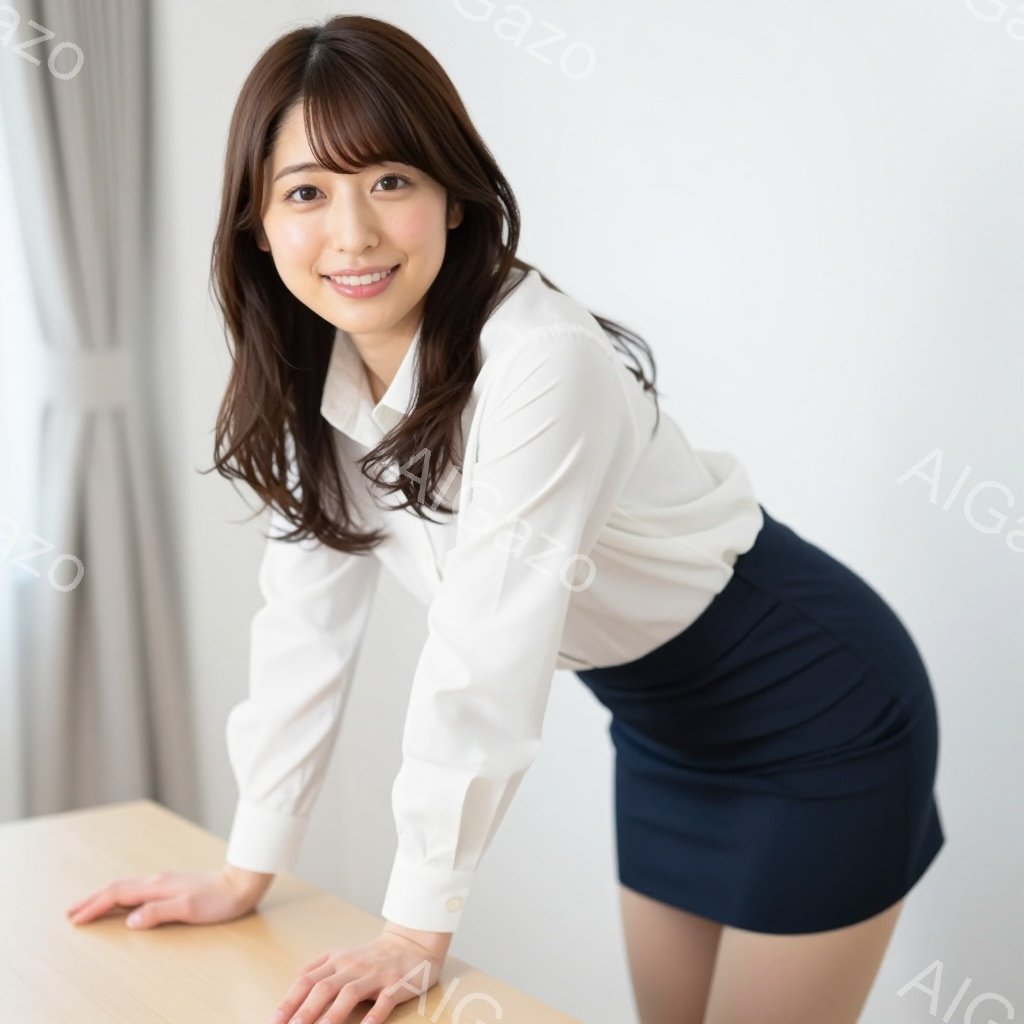 明るい笑顔を見せる若い女性が写っています。白いシャツと紺色のタイトスカートを着用し、片手をベージュ色のテーブルに添えて少し体を傾けています。背景は明るい壁とカーテンで、全体的に清潔感があり、親しみやすい雰囲気です。