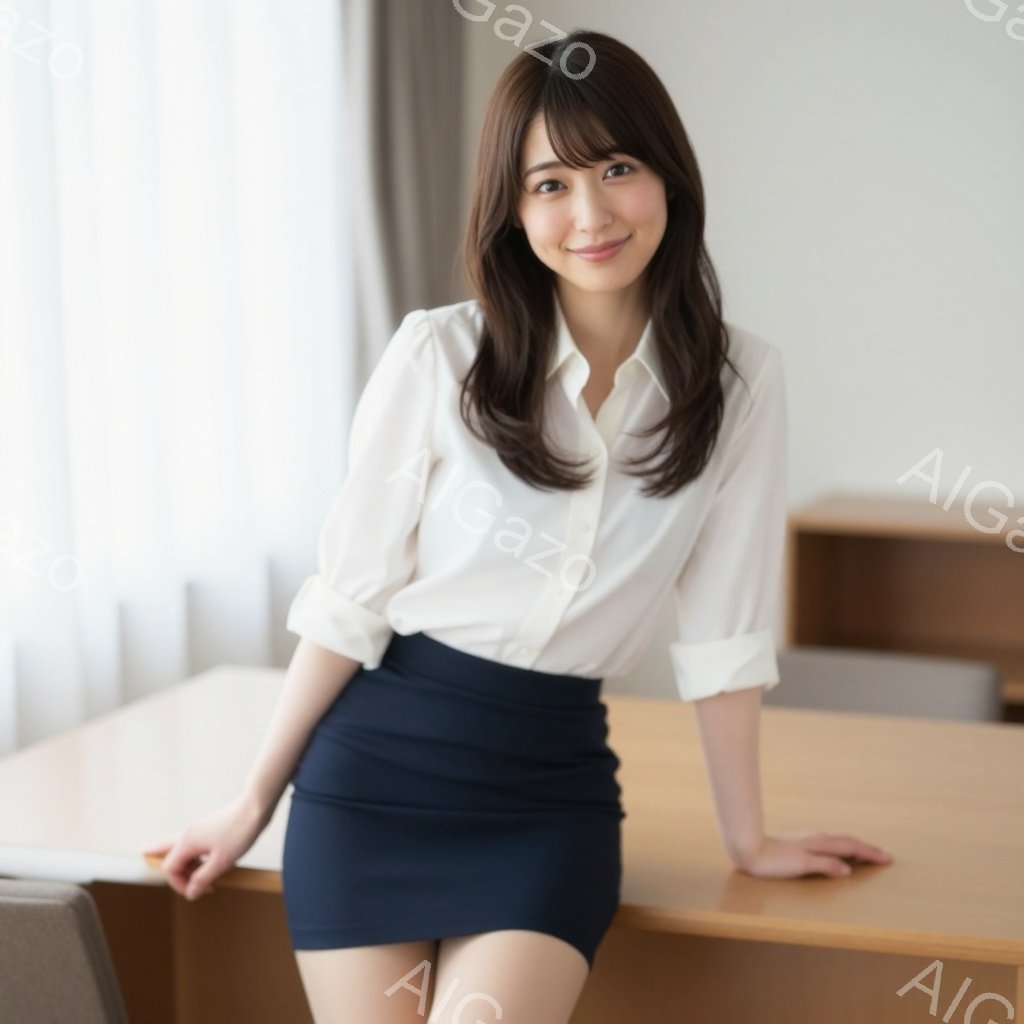 画像には、白いブラウスと濃紺のタイトスカートを着用した若い女性が写っています。彼女は少し微笑んでおり、壁にもたれてリラックスした姿勢をとっています。背景には木製の家具が見え、全体的に明るく清潔感のある雰囲気が漂っています。