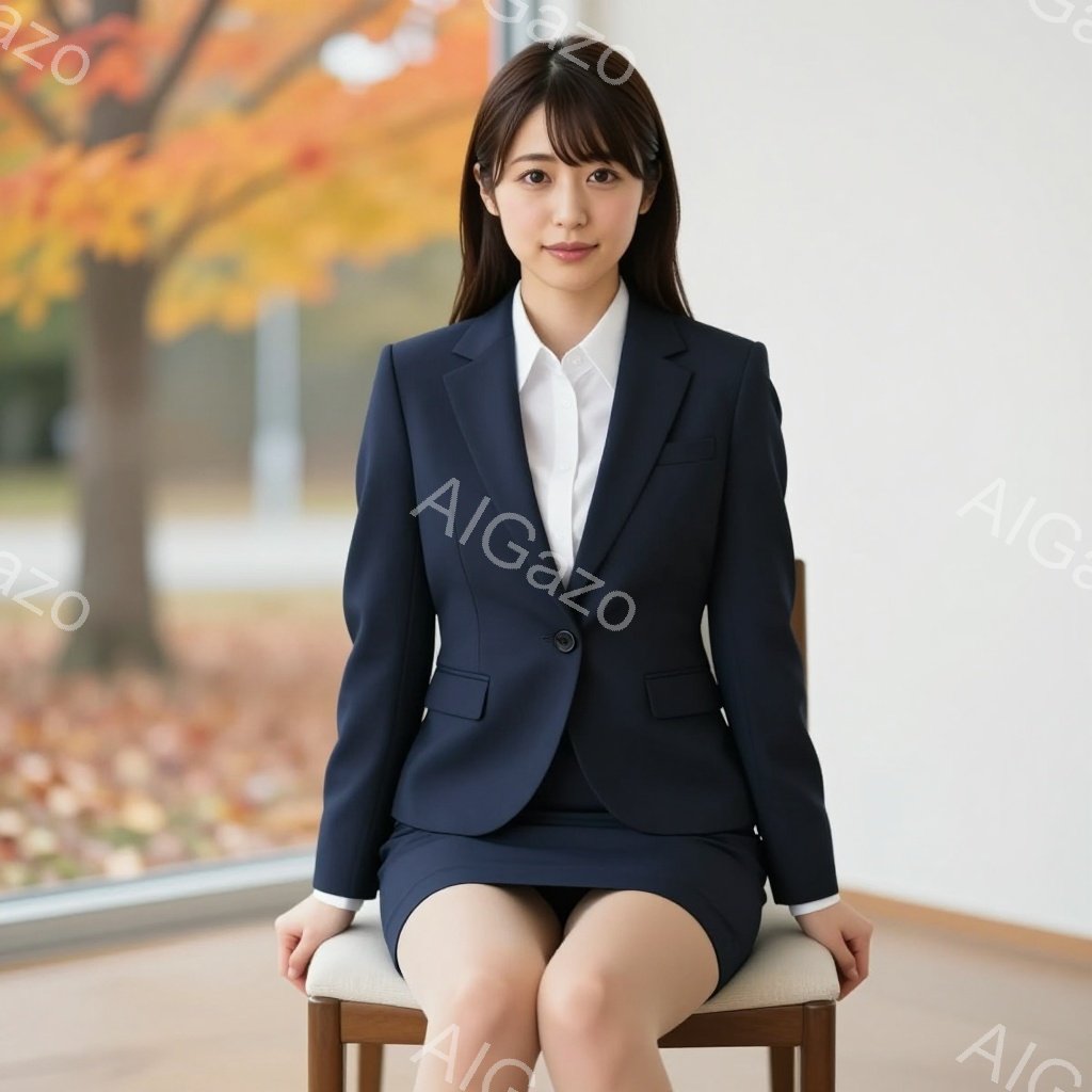 紺色のスーツに身を包んだ女性が、ベージュ色の椅子に座っています。彼女はストレートの黒髪で、穏やかな微笑みを浮かべています。背景には木々が見える窓があり、秋の風景が広がっており、室内は明るく穏やかな雰囲 - AI生成フリー素材