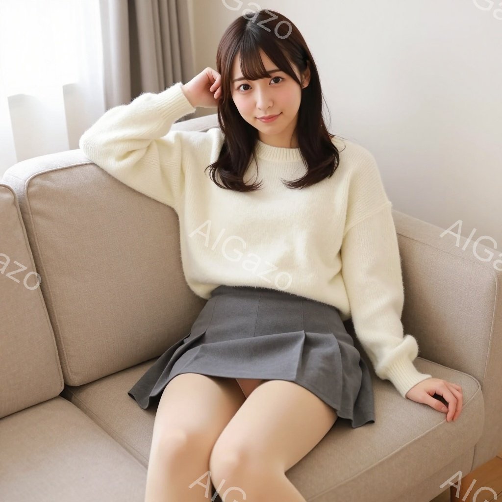 明るい茶色のソファに座った若い女性が写っています。オフホワイトのふわふわしたセーターとグレーのプリーツスカートを着用し、長い黒髪を肩のあたりで分けています。リラックスした表情で、片手を頭の後ろに添え、優雅な雰囲気を醸し出しています。