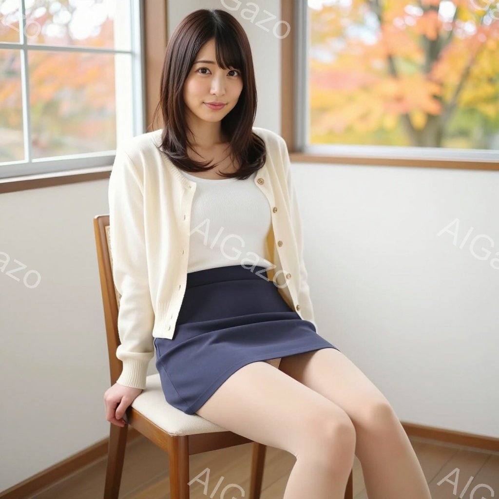 明るい室内で椅子に座る女性が写っています。オフホワイトのカーディガンに、白のインナーと紺色の膝丈スカートを着用し、ベージュ色のストッキングを履いています。窓の外には紅葉した木々が見え、秋の穏やかな雰囲気を醸し出しています。