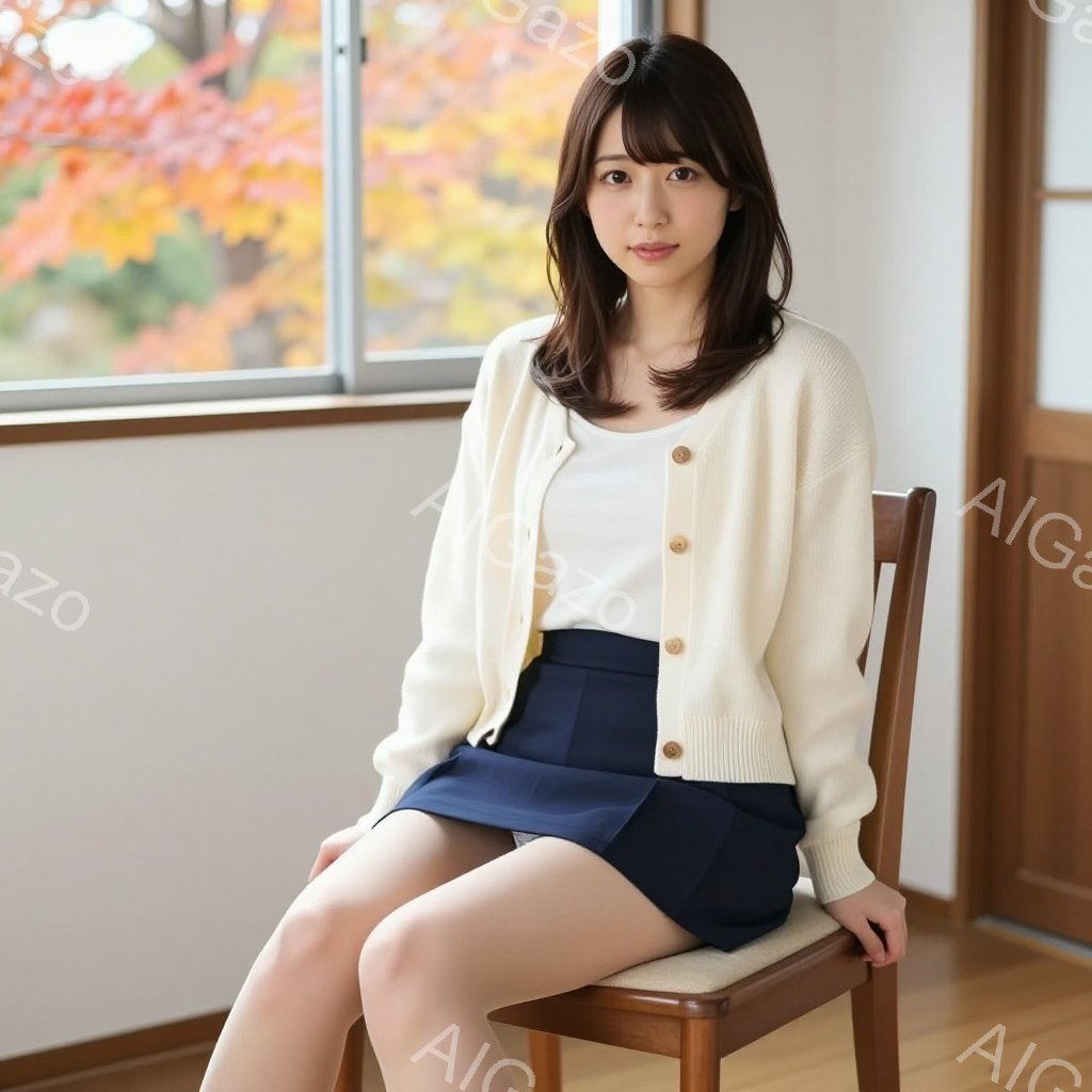 明るい色のカーディガンを羽織り、白いインナーと紺色のスカートを身につけた女性が椅子に座っています。彼女は長い茶色の髪を肩まで伸ばし、穏やかな表情で正面を見ています。背景には鮮やかな紅葉の木々と窓があり、室内は暖かく落ち着いた雰囲気です。