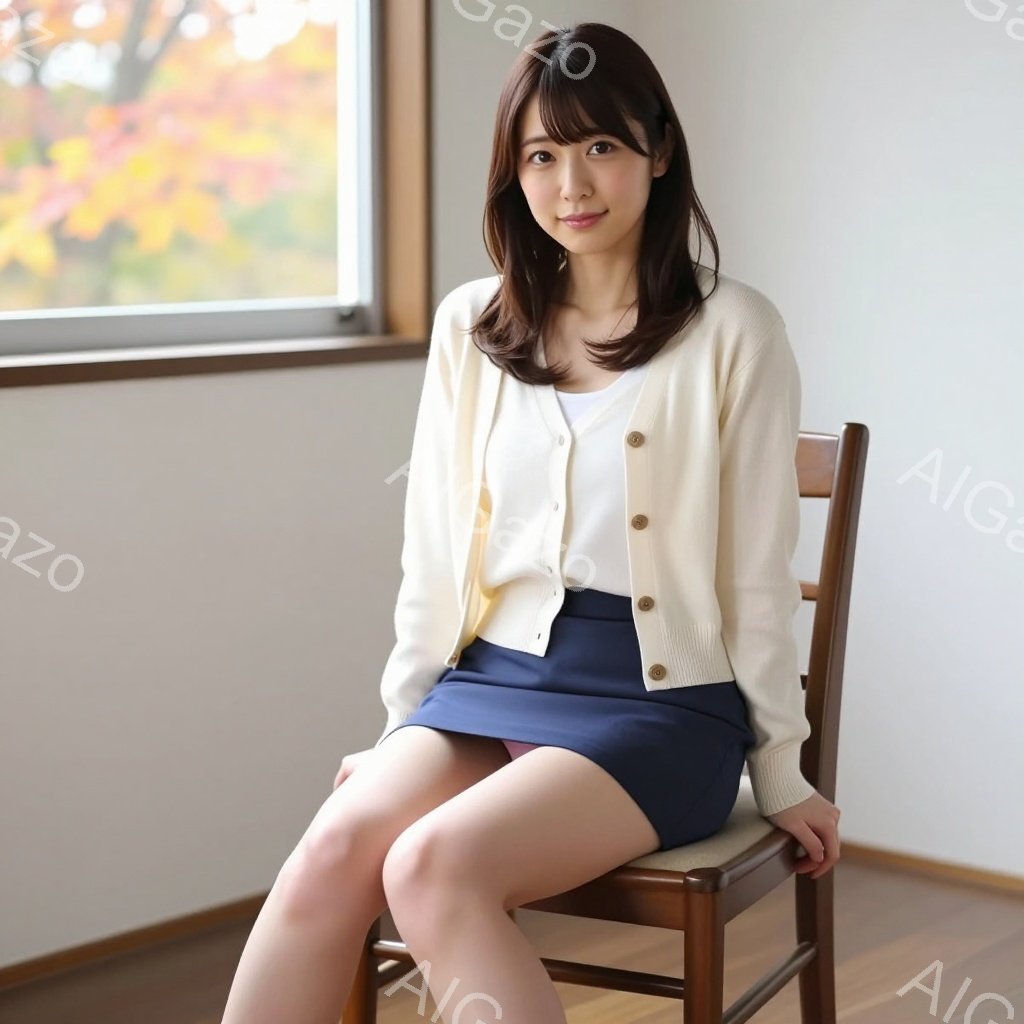 彼女は椅子に座っており、白いカーディガンと濃い青色のスカートを着用しています。髪は肩まで伸びたブラウンで、前髪が少しあります。背景には木々が見える窓があり、暖かく穏やかな雰囲気が漂っています。