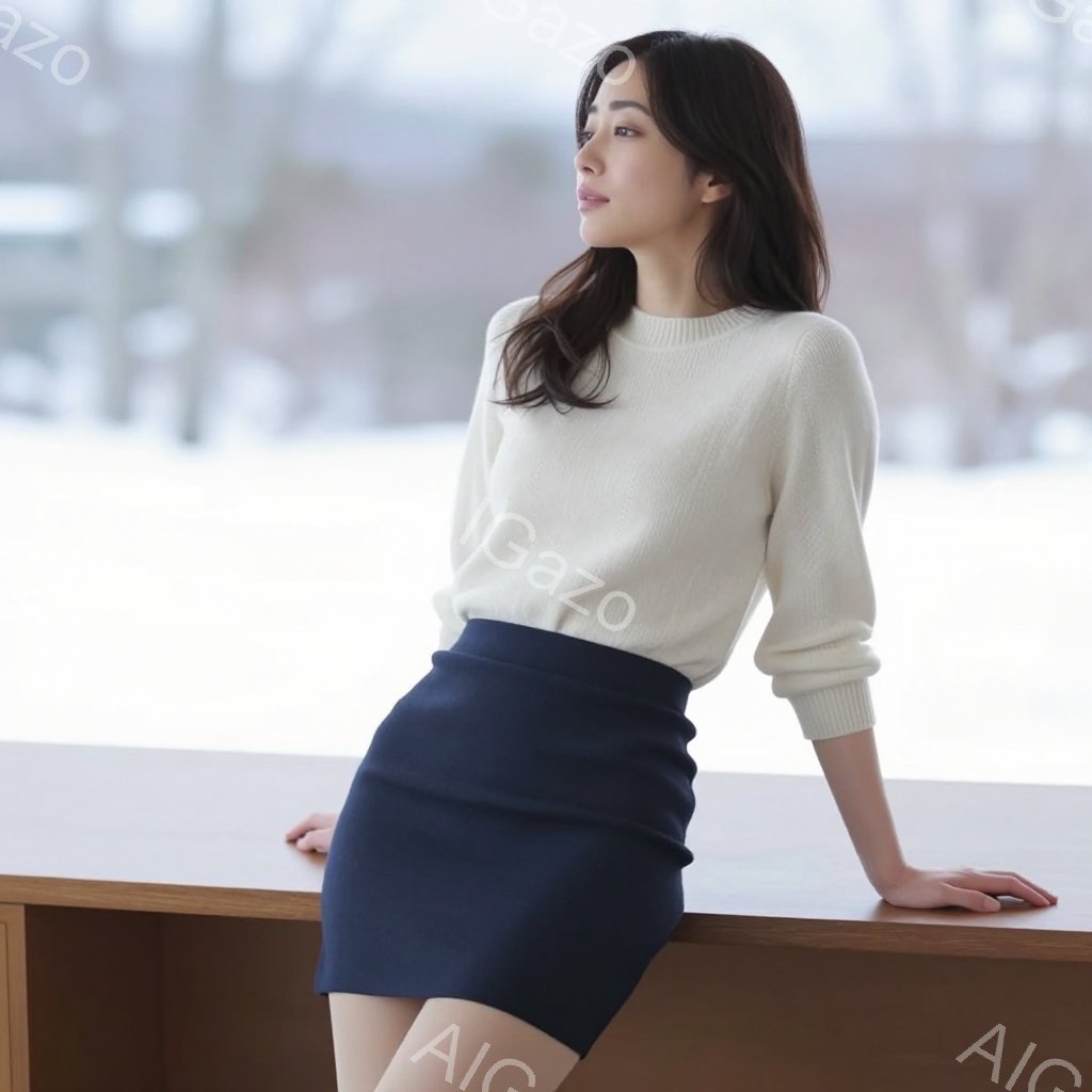 画像は、明るいベージュのセーターと濃い紺色のタイトスカートを身につけた女性が写っています。彼女は片手を腰に当て、もう片手を壁のようなものに軽く添え、少し横を向いて微笑んでいます。背景はぼやけており、窓 - AI生成フリー素材