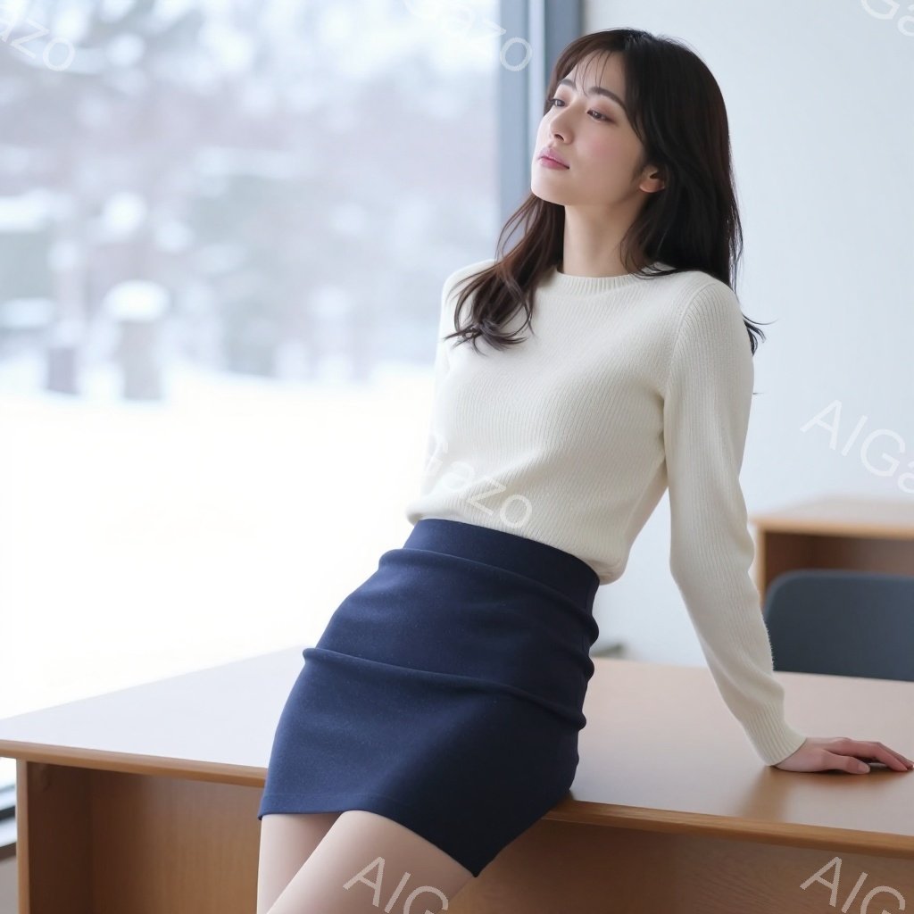 長い黒髪の女性が、クリーム色のニットセーターと濃い青色の膝丈スカートを着用し、木の机にもたれかかって座っています。彼女は少し微笑み、リラックスした表情でカメラを見ており、背景にはぼやけた教室のような空間が見えます。全体的に、落ち着いた雰囲気で、洗練された印象を与えます。