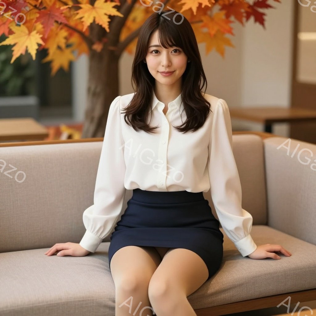 画像には、明るい色のソファに座っている若い女性が写っています。彼女は白いブラウスと紺色の膝丈スカートを身に着け、髪は肩にかかる長さで、前髪が特徴的です。背景には、秋らしい紅葉の木が見え、全体的に落ち着いた雰囲気が漂っています。
