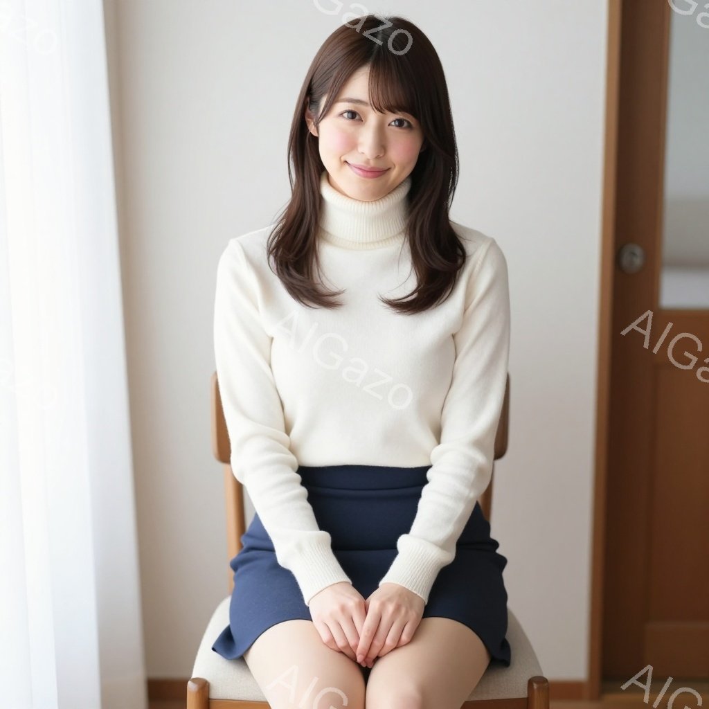 明るい茶髪の女性が椅子に座ってこちらを見ています。白いセーターと紺色の膝丈スカートを着用しており、穏やかな笑顔を浮かべています。背景は薄い壁とドアで、室内で撮影された温かみのある雰囲気の写真です。 - AI生成フリー素材