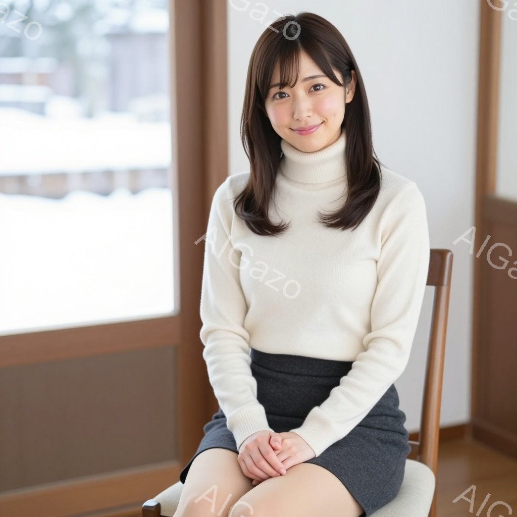 長い茶色の髪で、前髪が少し眉にかかるようにカットされた女性が、白いセーターとグレーのスカートを着て椅子に座っています。彼女は穏やかな笑顔を浮かべ、リラックスした姿勢で膝を揃えています。背景には雪景色が - AI生成フリー素材
