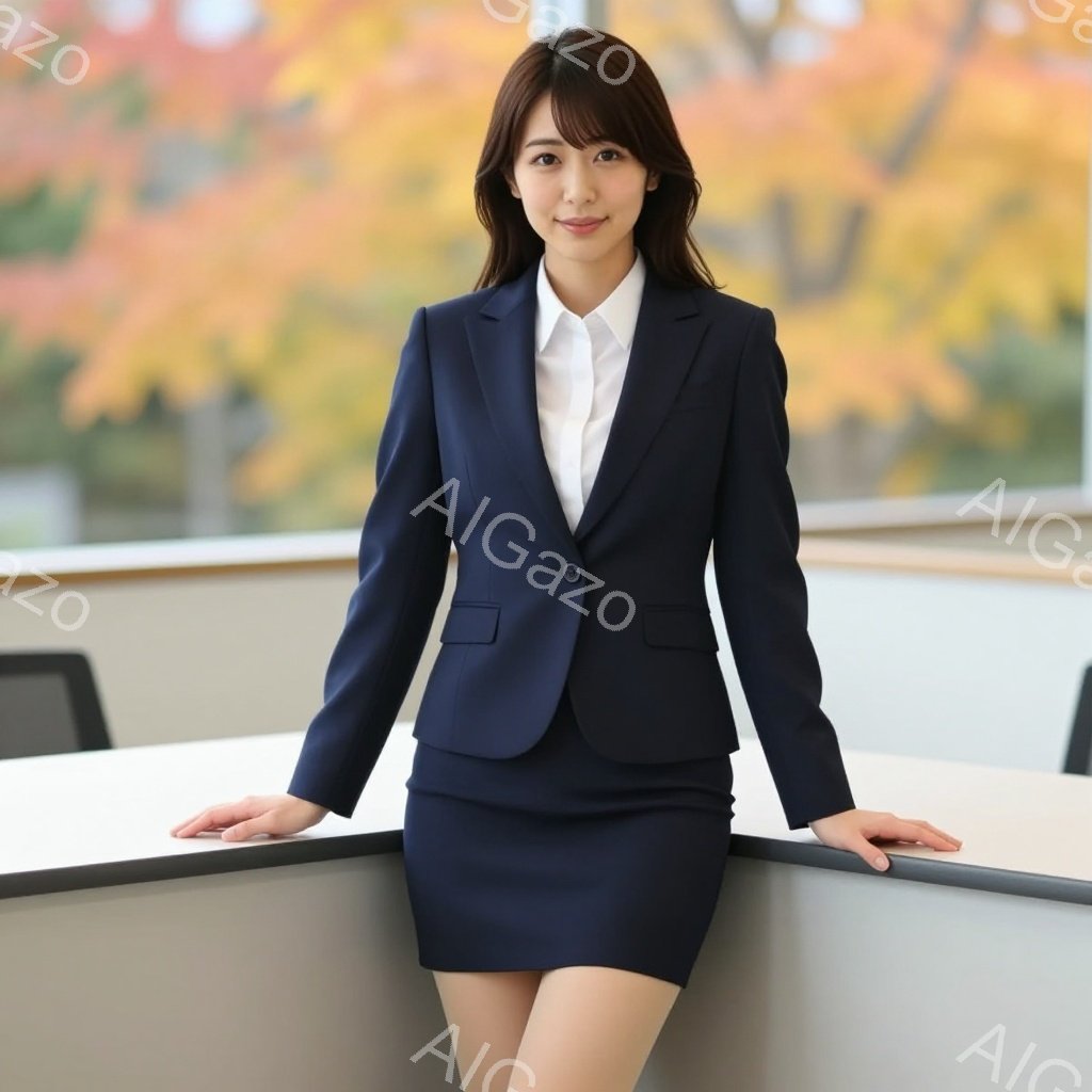 紺色のスーツに白いブラウスを着た女性が写っている。彼女は少し微笑んでおり、両手を白い柵に添えてリラックスした姿勢をとっている。背景には、紅葉した木々と窓があり、秋の穏やかな雰囲気が感じられる。