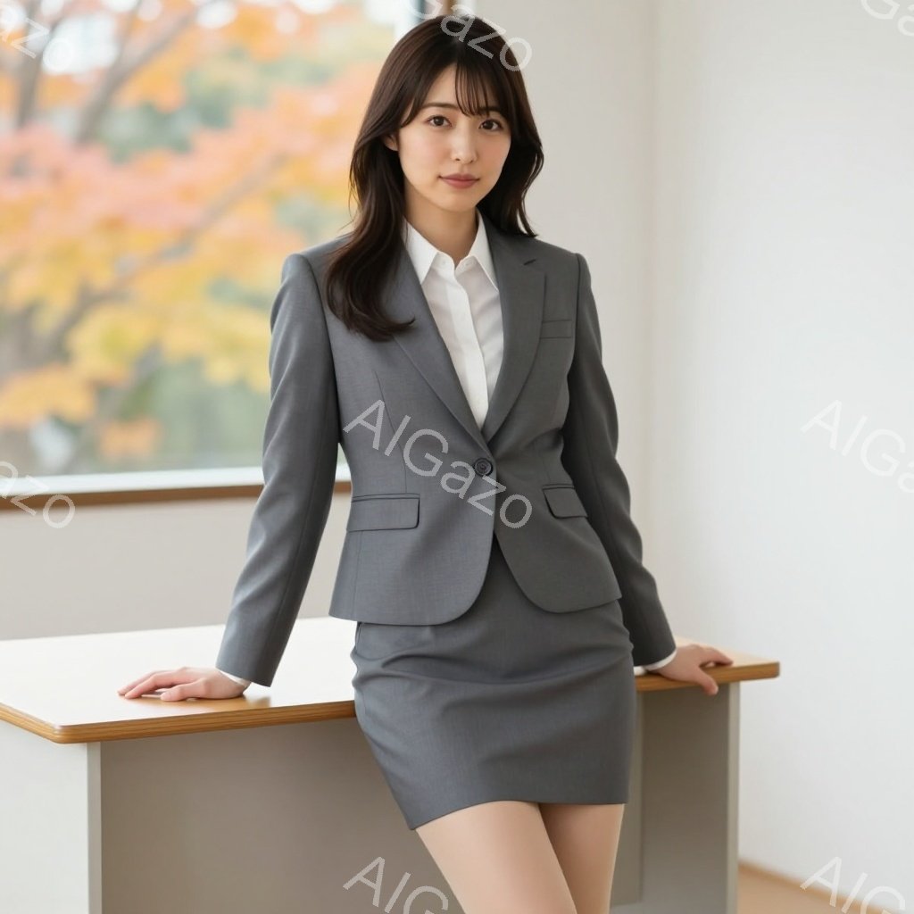 画像には、グレーのスーツを着た女性が写っています。彼女は白いブラウスを合わせ、髪は肩まで伸びたストレートヘアで、穏やかな微笑みを浮かべています。背景には木々の紅葉が見える窓があり、明るく落ち着いた雰囲気を醸し出しています。