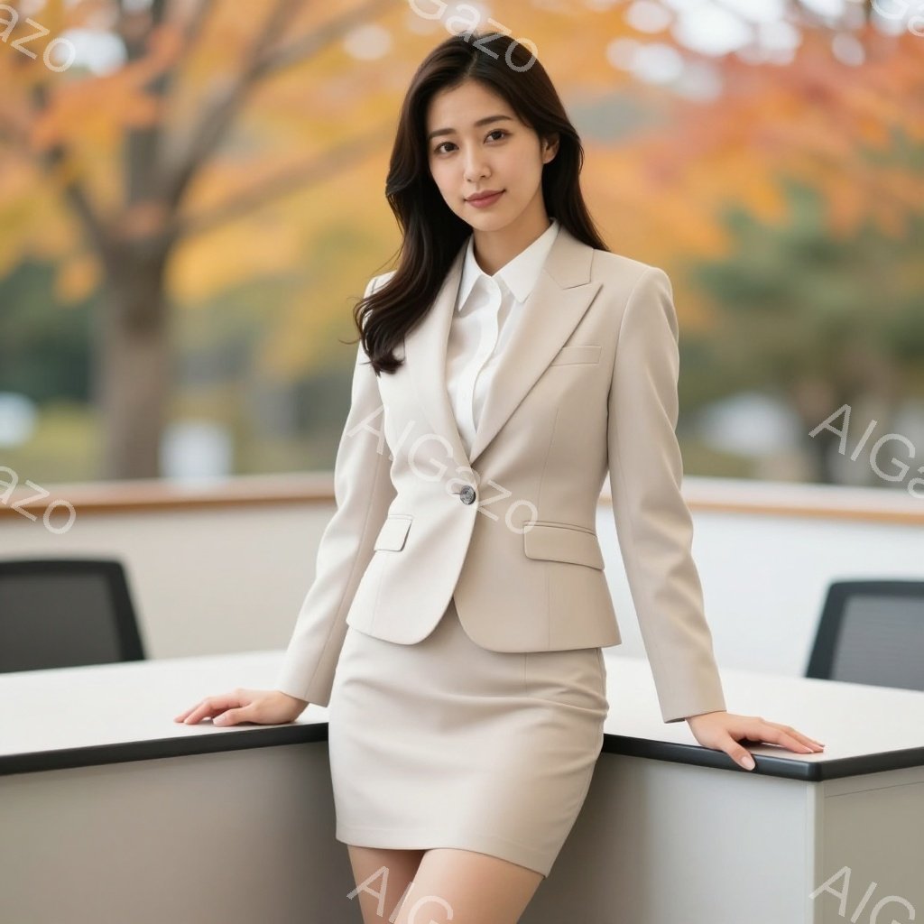 明るいベージュのスーツを着た女性が写っています。彼女は白いブラウスと膝丈のスカートを合わせ、落ち着いた表情でカメラを見つめています。背景には木々が見え、秋の晴れた日であることがわかります。