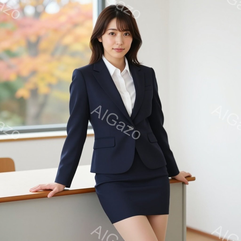 画像は、紺色のスーツを着た若い女性が写っています。彼女は明るい笑顔を浮かべ、落ち着いた姿勢でカウンターに手を置いているのがわかります。背景には窓があり、秋の紅葉した木々が見え、室内は明るく穏やかな雰囲気です。