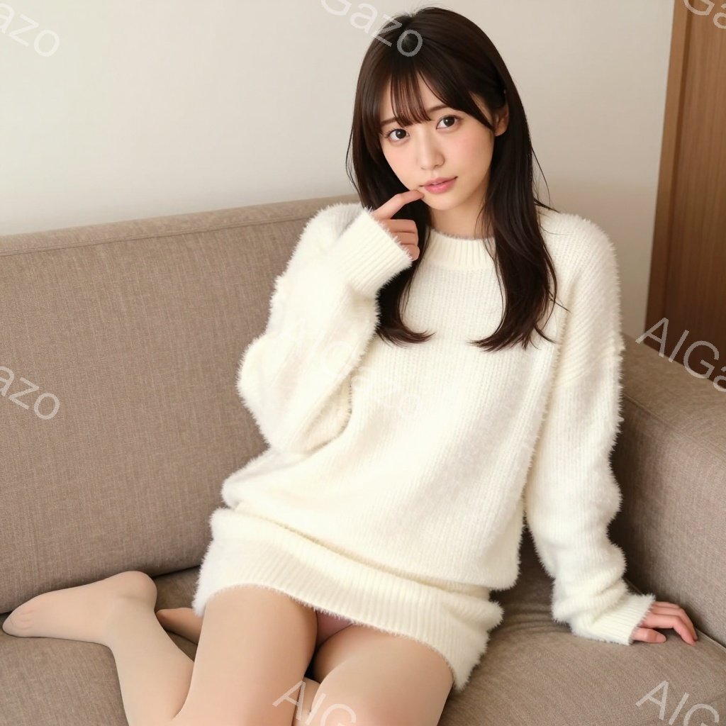 長い黒髪の女性が、オフホワイトのふわふわとしたセーターを着て、ベージュ色のソファに座っています。彼女は片手を顎に当てて微笑み、リラックスした表情をしています。背景はシンプルな壁で、全体的に柔らかく暖かみのある雰囲気です。