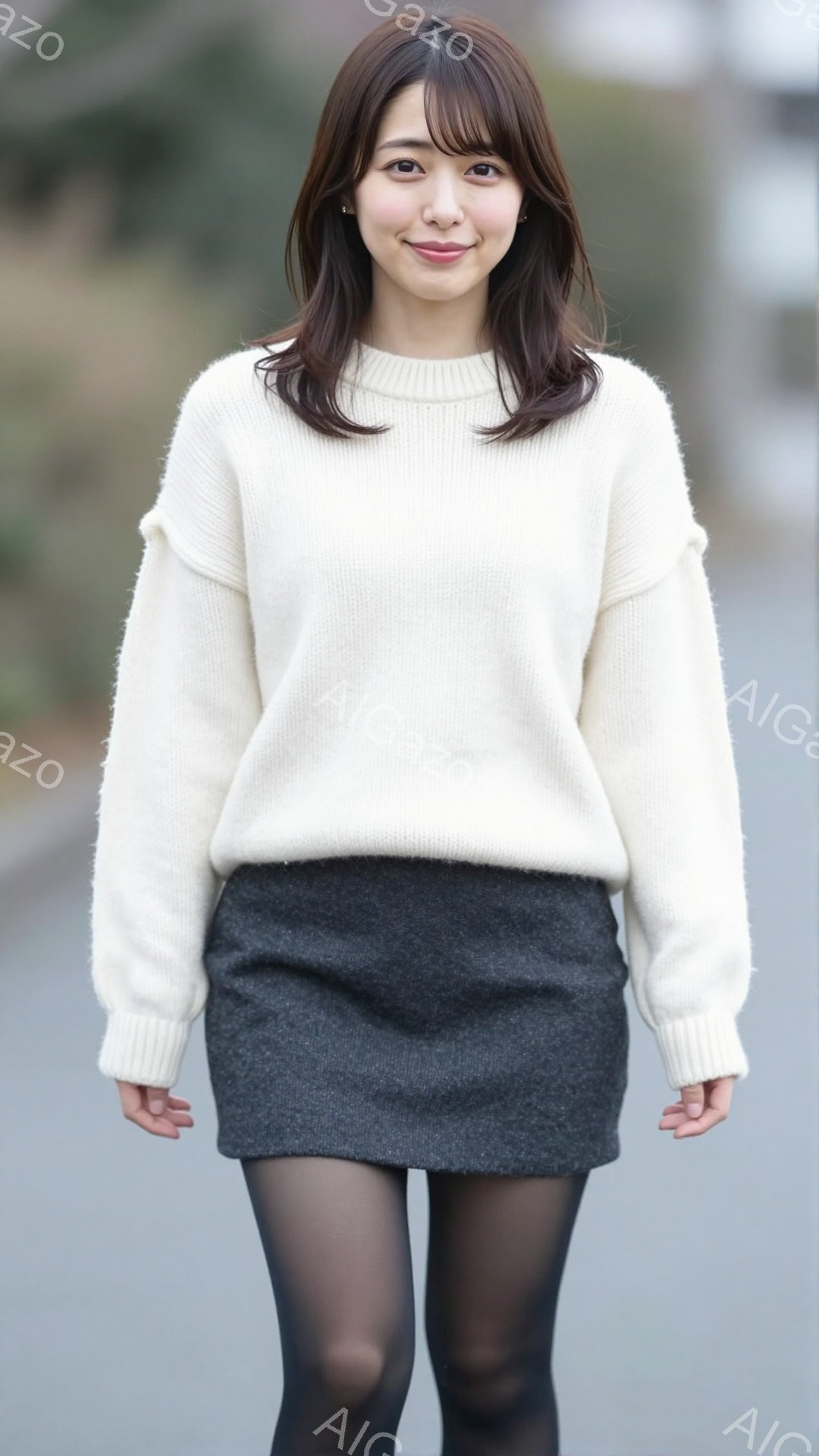 長い茶色の髪を肩のあたりで切り揃えた女性が、オフホワイトのゆったりとしたセーターと黒のミニスカート、そして黒のタイツを着用しています。彼女は微笑んでおり、リラックスした姿勢で両手を腰に当てています。背 - AI生成フリー素材