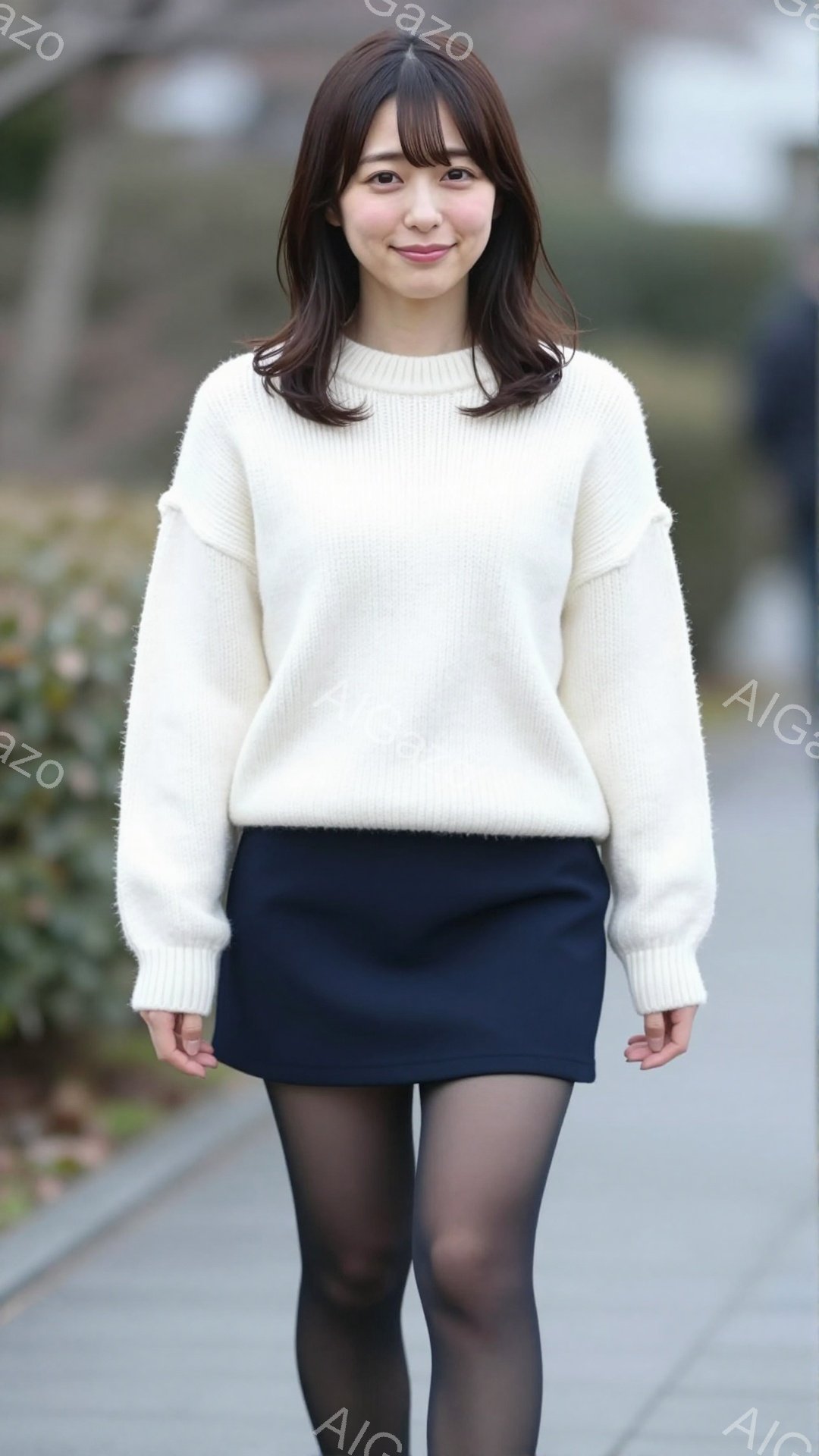 この女性は、オフホワイトのゆったりとしたセーターと、濃紺のミニスカート、黒のタイツを身につけています。彼女は微笑んでおり、肩までの長さの茶色の髪は軽くカールしています。背景には、木々や建物が見え、晴れた日の穏やかな屋外のシーンです。