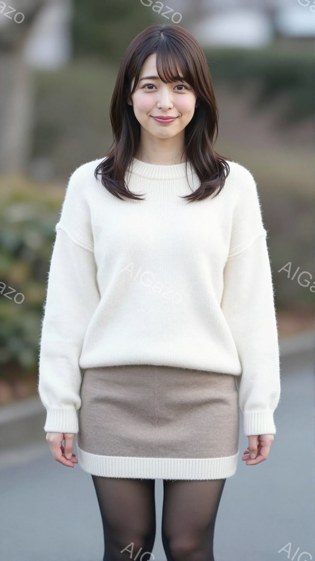 長い茶色の髪を肩のあたりで切りそろえた女性が写っています。オフホワイトのゆったりとしたセーターとベージュのミニスカート、黒のタイツを着用し、穏やかな笑顔を浮かべています。背景はぼやけた道路と植物で、全体的に柔らかく暖かみのある雰囲気です。