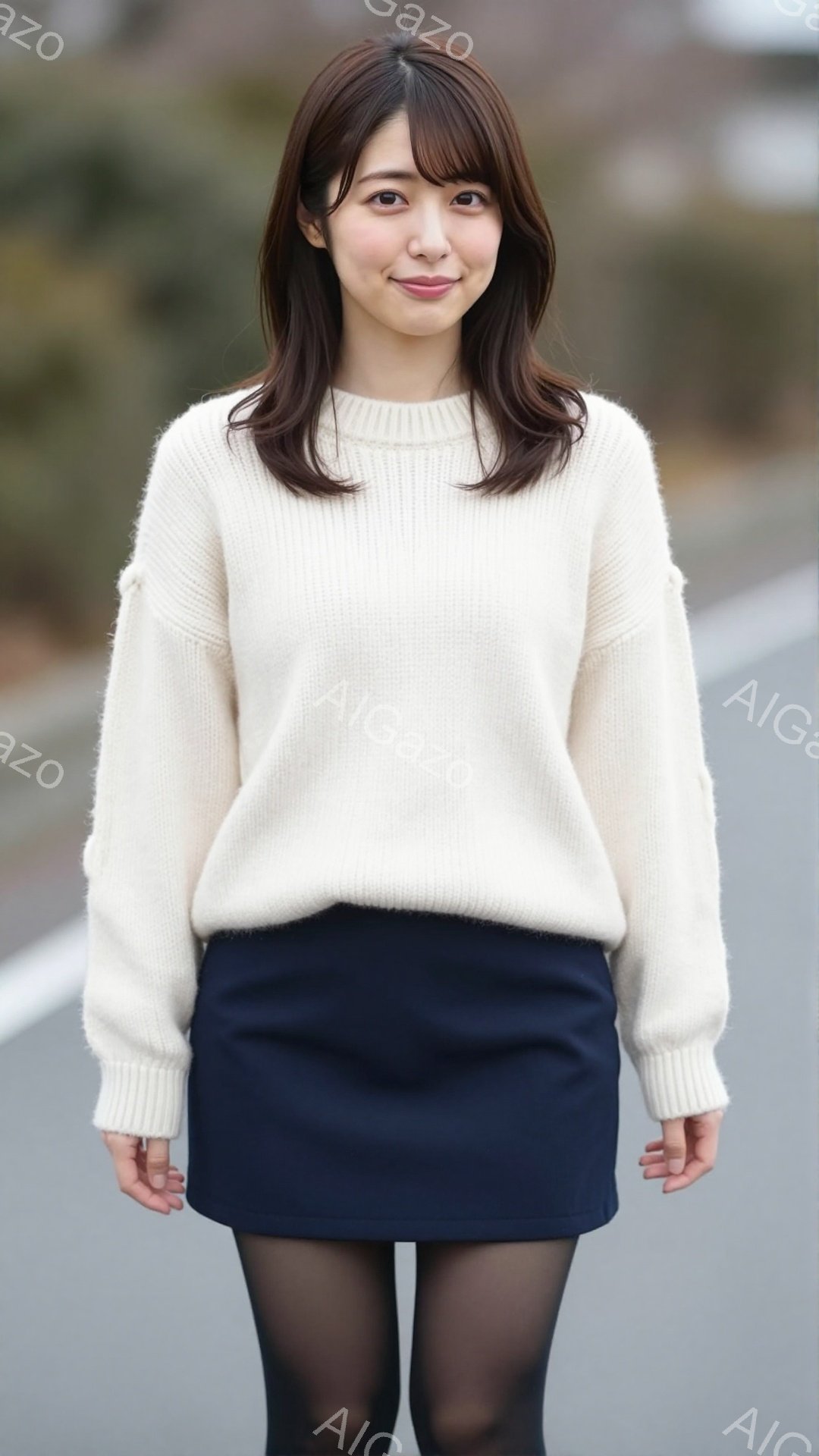 明るい笑顔の若い女性が写っている。オフホワイトのゆったりとしたセーターと、濃紺のミニスカート、黒いタイツを着用している。背景はアスファルトの道とぼやけた街並みで、穏やかな春の日のように見える。 - AI生成フリー素材