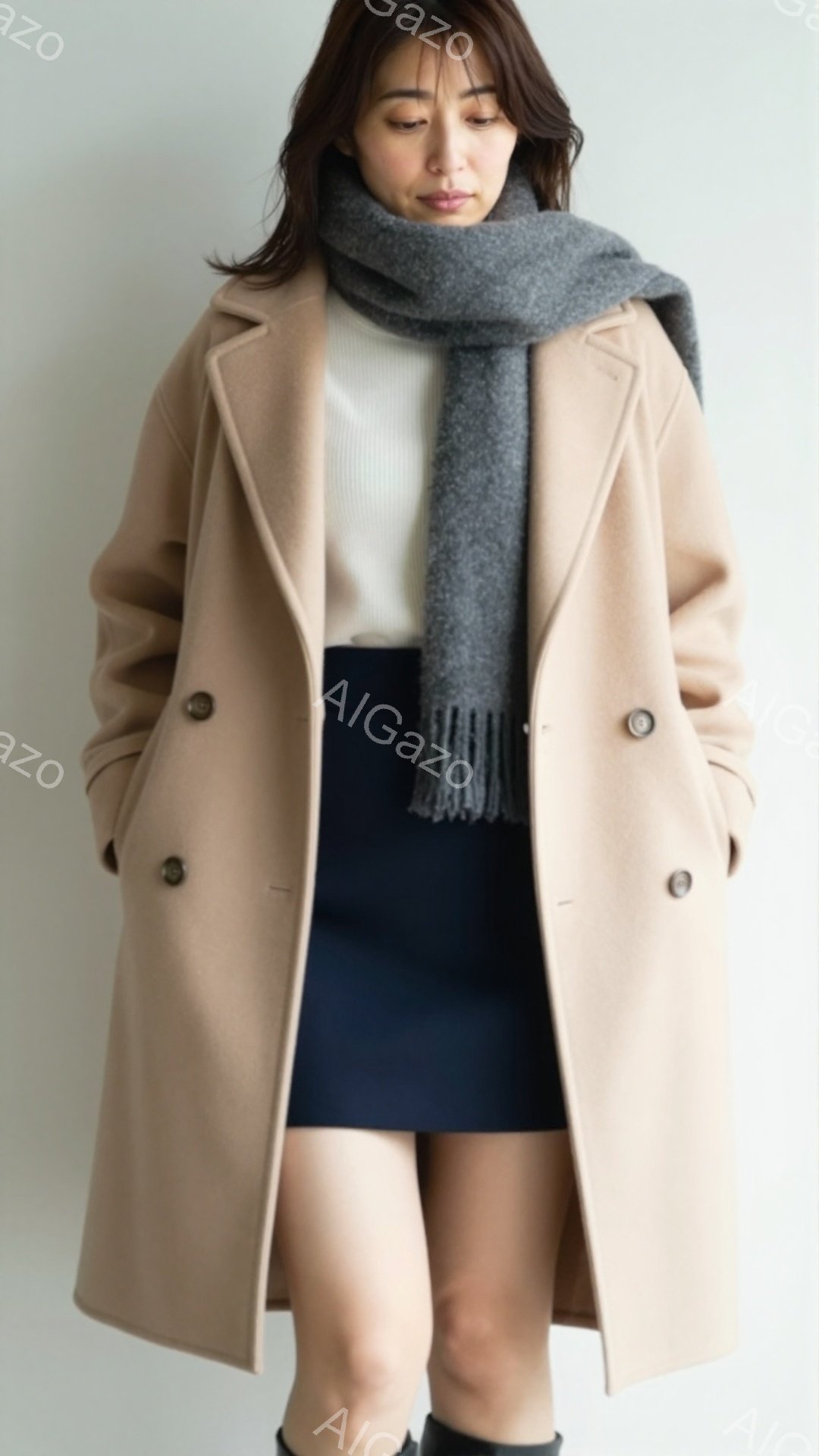 モデルはベージュのオーバーサイズコート、白いインナー、濃紺のミニスカートを着用し、グレーのフリンジ付きマフラーを首に巻いています。彼女は少し下を見つめ、穏やかな表情を浮かべています。背景は白く、人物が - AI生成フリー素材