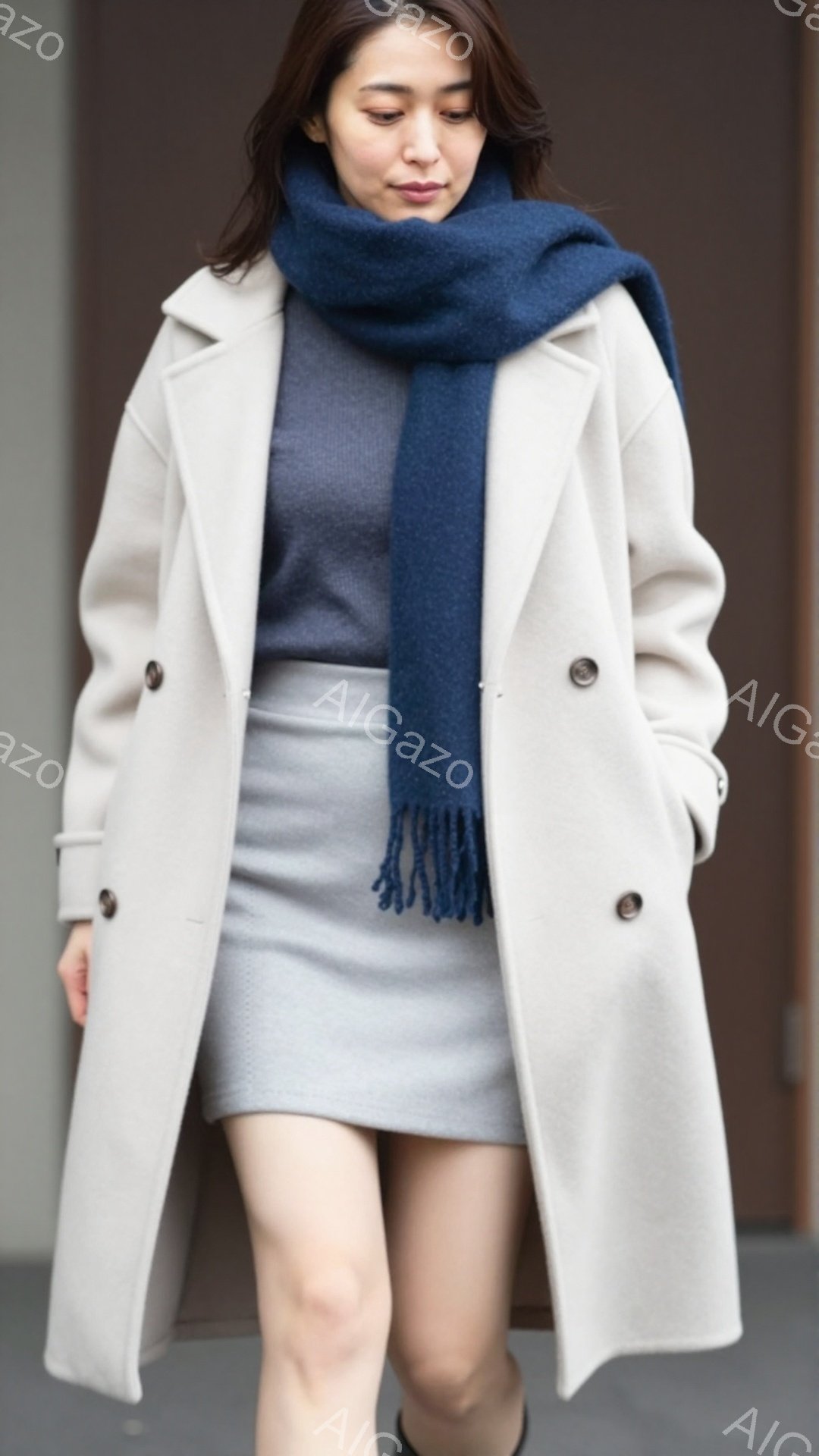 白いロングコートを着た女性が、グレーのスカートと紫色のセーターを身に着けています。彼女は青いマフラーを首に巻き、少し微笑んでおり、自信に満ちた表情をしています。背景はぼやけた建物で、全体的に落ち着いた - AI生成フリー素材