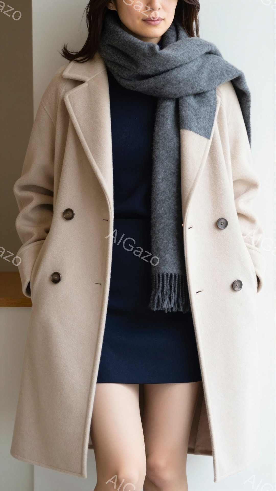 モデルはベージュのオーバーサイズコートとネイビーのタイトなワンピースを身に着けています。彼女は灰色のマフラーを首に巻き、軽く微笑んでおり、髪は肩にかかる長さでストレートに整えられています。背景は白く、ミニマルな空間で、モデルに焦点が当てられています。