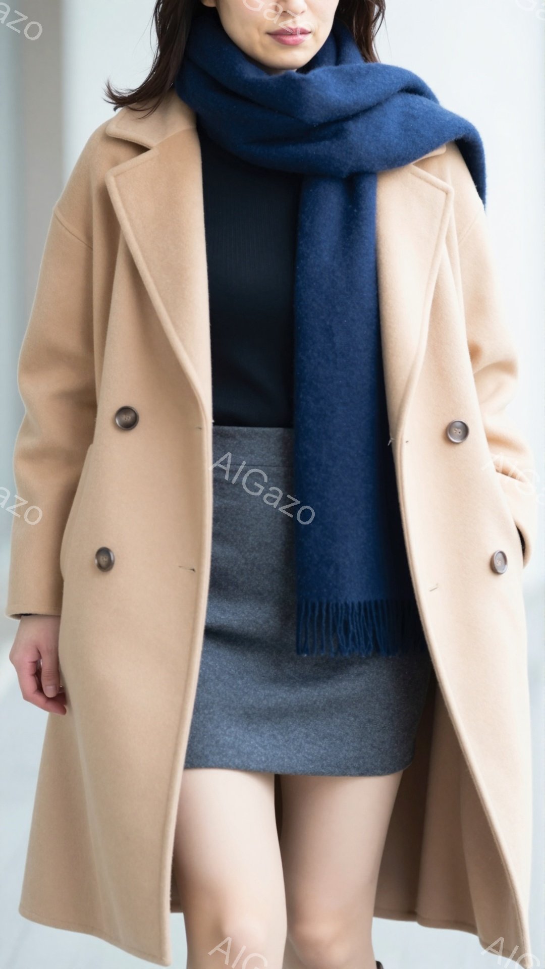 キャメル色のロングコートを羽織り、濃いグレーのタイトスカートを着用した女性が写っています。首元には鮮やかな青色のマフラーが巻かれ、落ち着いた表情でカメラを見つめています。背景はぼやけた都市の風景で、天 - AI生成フリー素材