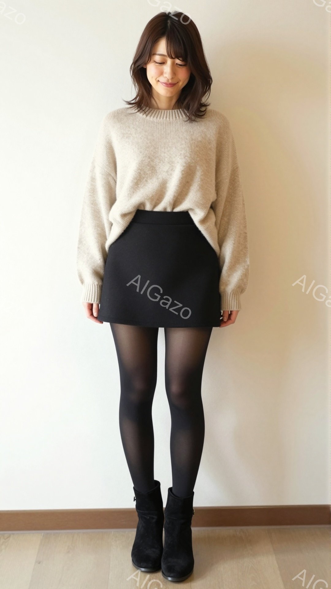 画像は、ベージュのゆったりとしたセーターと黒いミニスカートを着用した女性が写っています。彼女は黒いタイツとアンクルブーツを履き、軽く微笑んでいます。背景はシンプルな白い壁と木の床で、全体的にカジュアルで穏やかな雰囲気です。