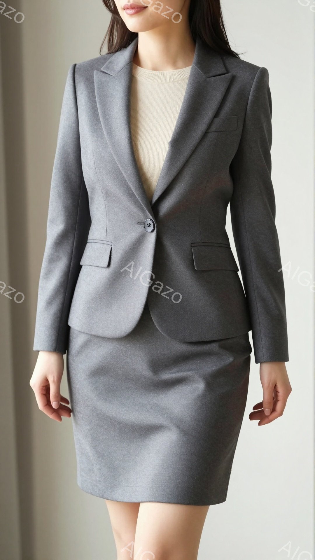 画像には、グレーのスーツを着た女性が写っています。彼女はベージュ色のトップスを合わせ、姿勢よく立っており、落ち着いた雰囲気を醸し出しています。背景は白く、女性が際立つようにシンプルに表現されています。 - AI生成フリー素材