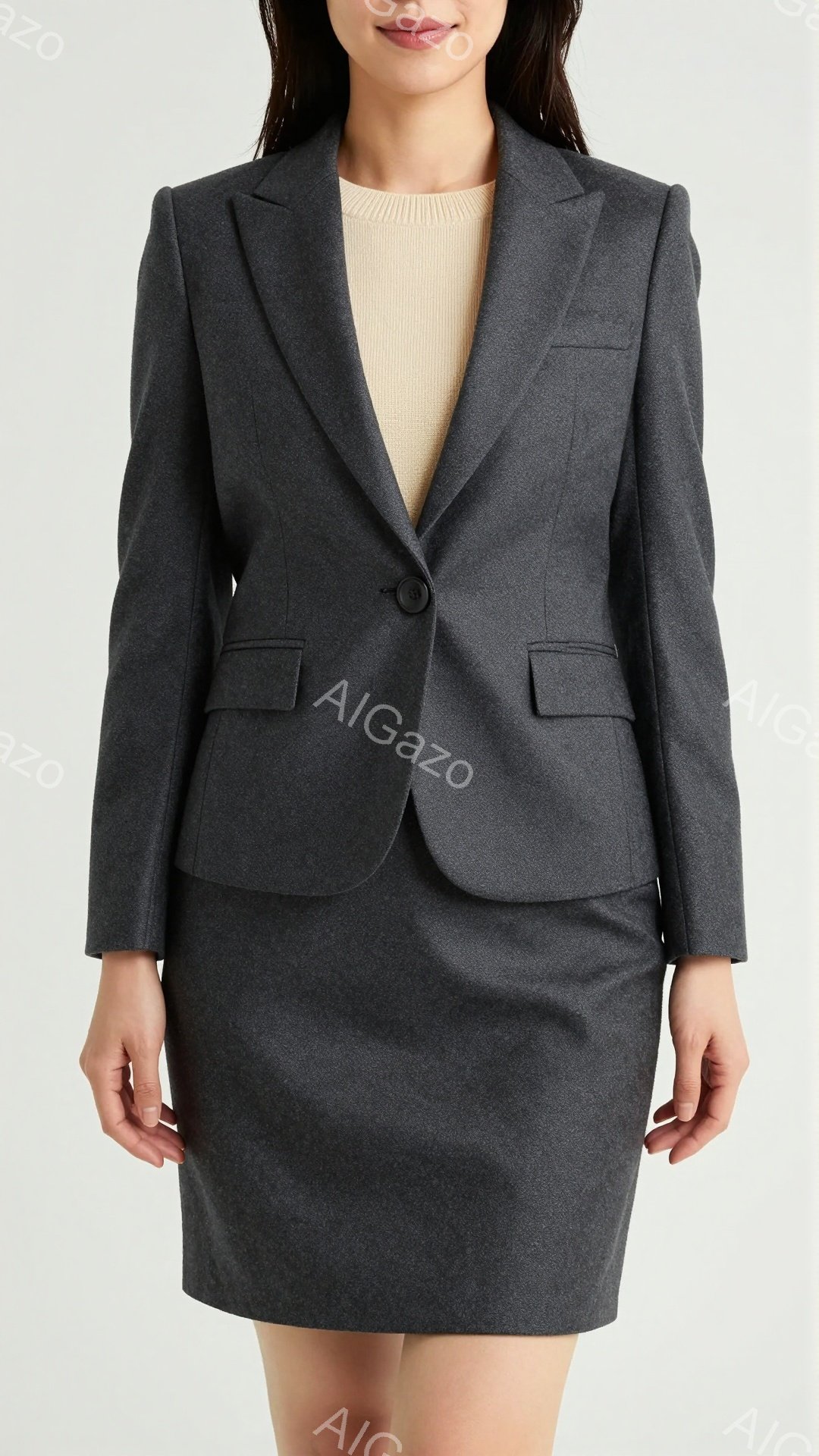 この女性は、グレーのスーツ（ジャケットと膝丈のスカート）とベージュのセーターを着ています。髪は後ろでまとめたシンプルなスタイルで、表情は落ち着いており、姿勢は正面を向いてやや硬めです。背景は白一色で、 - AI生成フリー素材