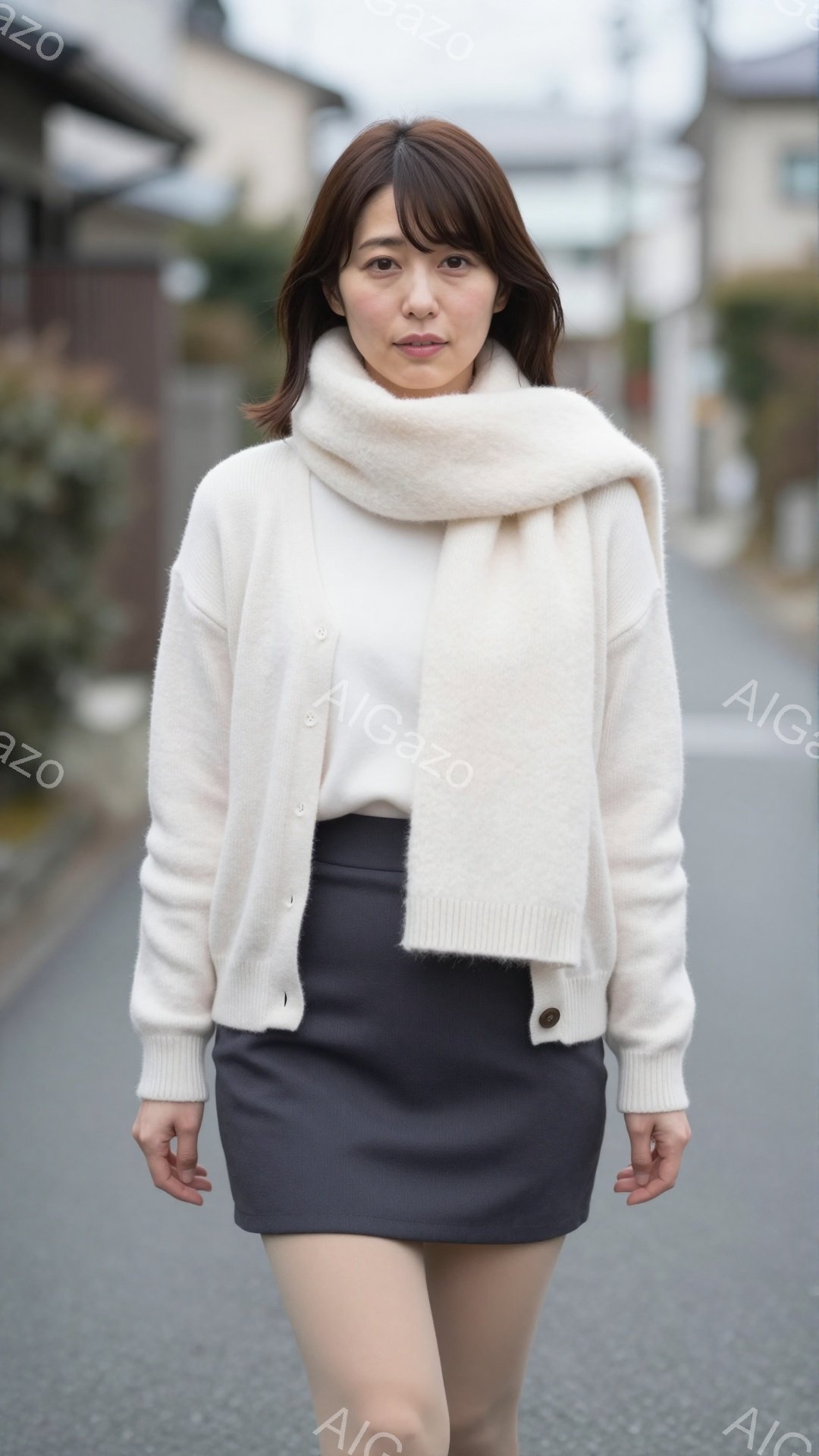 モデルはクリーム色のカーディガンと黒のミニスカートを着用し、白いマフラーを首に巻いています。彼女は少し微笑んでおり、まっすぐカメラの方を見ています。背景には住宅地が広がり、天候は曇り空で、全体的に穏やかで洗練された雰囲気が漂っています。