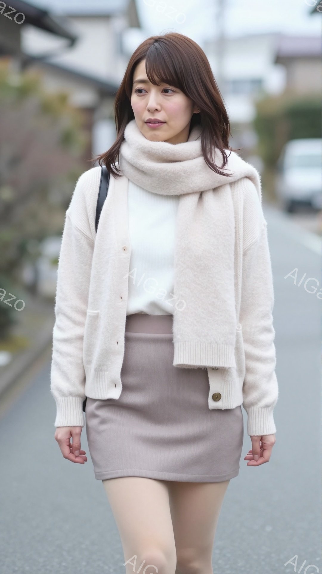 明るい茶色のカーディガンに白いインナー、ベージュの膝丈スカートを身につけた女性が写っている。彼女は肩まで伸びた茶色の髪を持ち、少し微笑んだ表情をしている。背景には灰色のアスファルトの道、住宅、曇り空が見え、全体的に穏やかな雰囲気である。
