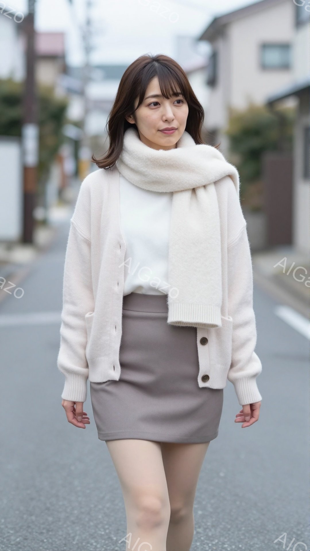 長い茶色の髪を肩のあたりで切り揃えた女性が、クリーム色のカーディガンと茶色のタイトスカートを身につけ、白いインナーとマフラーを着用しています。彼女はわずかに微笑み、少し前かがみになりながらアスファルトの道の上を歩いています。背景には、日本の住宅街の風景が広がり、曇り空の下、落ち着いた雰囲気が漂っています。