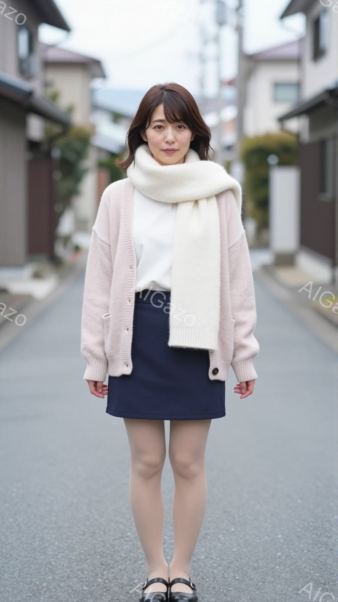 若い女性がアスファルトの道で正面を向いて立っている。彼女は薄いピンク色のカーディガン、白いインナー、紺色のミニスカートを着用し、首に白いマフラーを巻いている。背景には住宅や植物が見え、天候は曇りで、全体的に穏やかで日常的な雰囲気が漂っている。