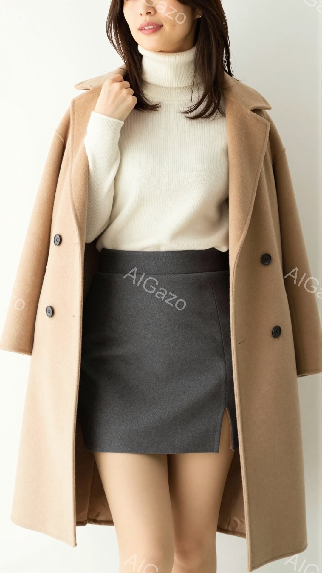 モデルはベージュのオーバーサイズコート、オフホワイトのタートルネックニット、ダークグレーのミニスカートを着用しています。彼女は軽く微笑んでおり、少し内気な表情をしています。背景は白く、モデルに焦点が当てられています。