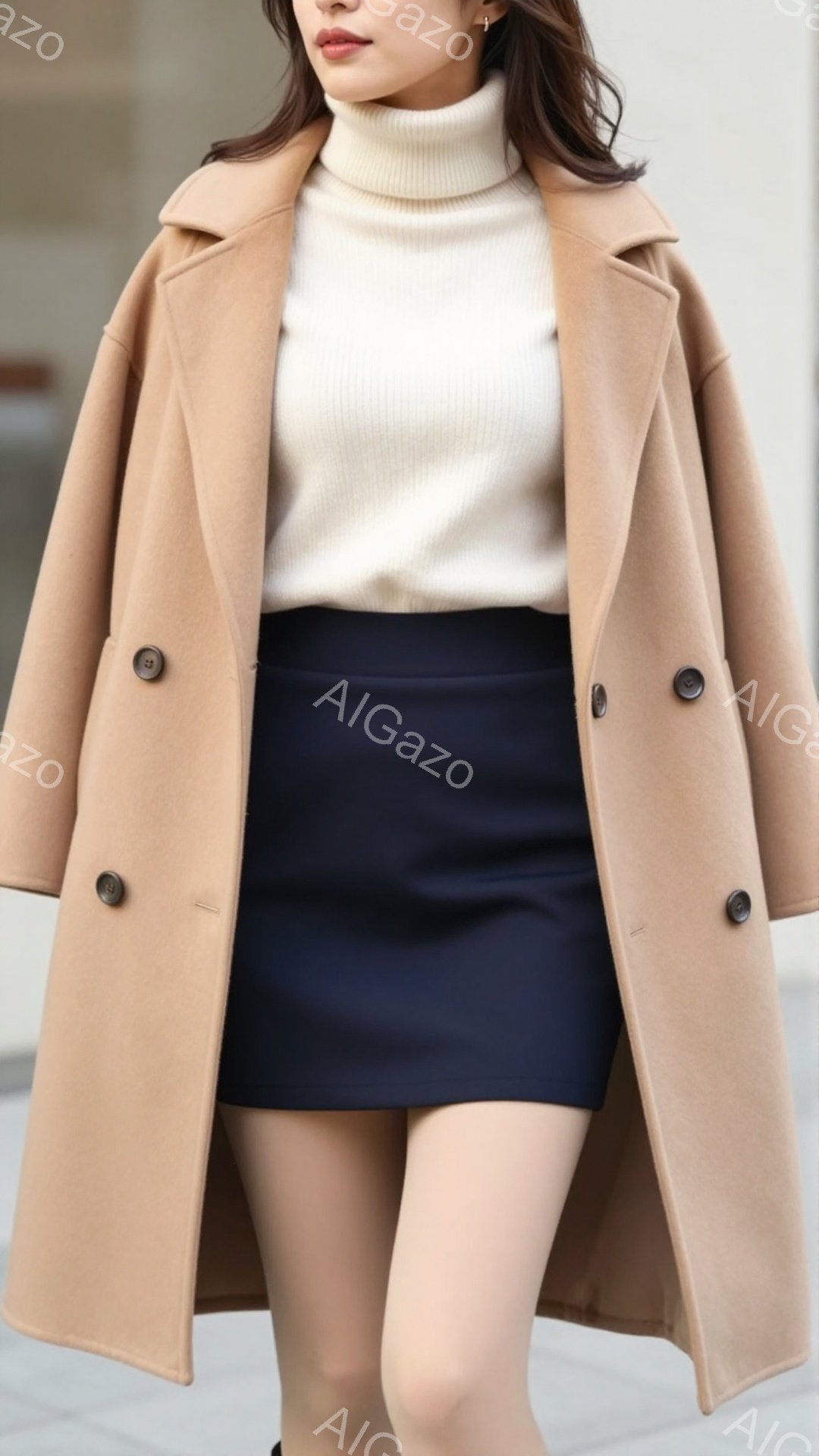 モデルはキャメル色のオーバーサイズコート、白いタートルネックニット、濃紺のミニスカートを着用しています。彼女はストレートに立ち、少し下を見つめており、落ち着いた表情をしています。背景はコンクリートの歩道と薄暗い建物で、全体的に洗練された都会的な雰囲気を醸し出しています。