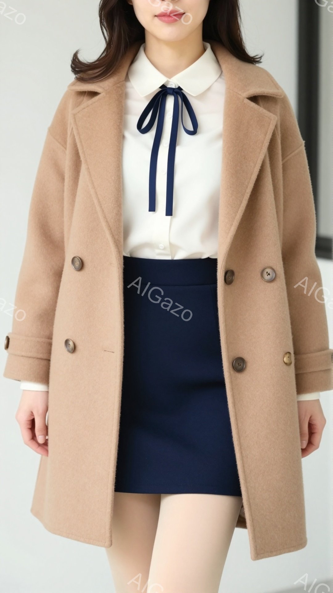 明るい茶色のオーバーコートを着た女性が写っています。白いブラウスにネイビーの大きなリボンが結ばれており、同色のミニスカートを合わせています。彼女はわずかに微笑んでおり、姿勢はまっすぐで、背景はシンプル - AI生成フリー素材