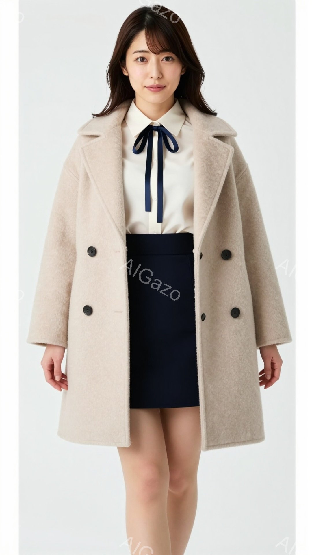 この女性は、ベージュ色のオーバーサイズのウールコート、白いブラウスに黒いリボン、黒いミニスカートを着用しています。彼女は微笑んでおり、髪は肩までの長さで、前髪が少しあります。背景は白く、人物に焦点が当 - AI生成フリー素材