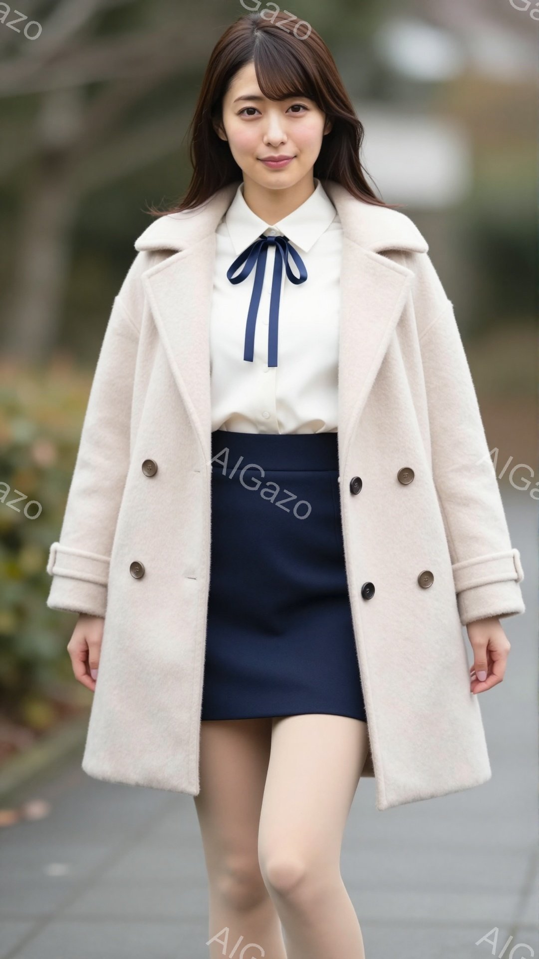 長い茶色の髪を肩にかけ、前髪は眉毛にかかるように整えられた若い女性が写っています。ベージュ色のコートに濃い青色のスカート、白いブラウスに黒いリボンが結ばれており、下は薄いベージュ色のタイツを履いています。背景にはぼやけた緑の木々と灰色の舗道が見え、明るい日差しが差し込み、穏やかな雰囲気を醸し出しています。