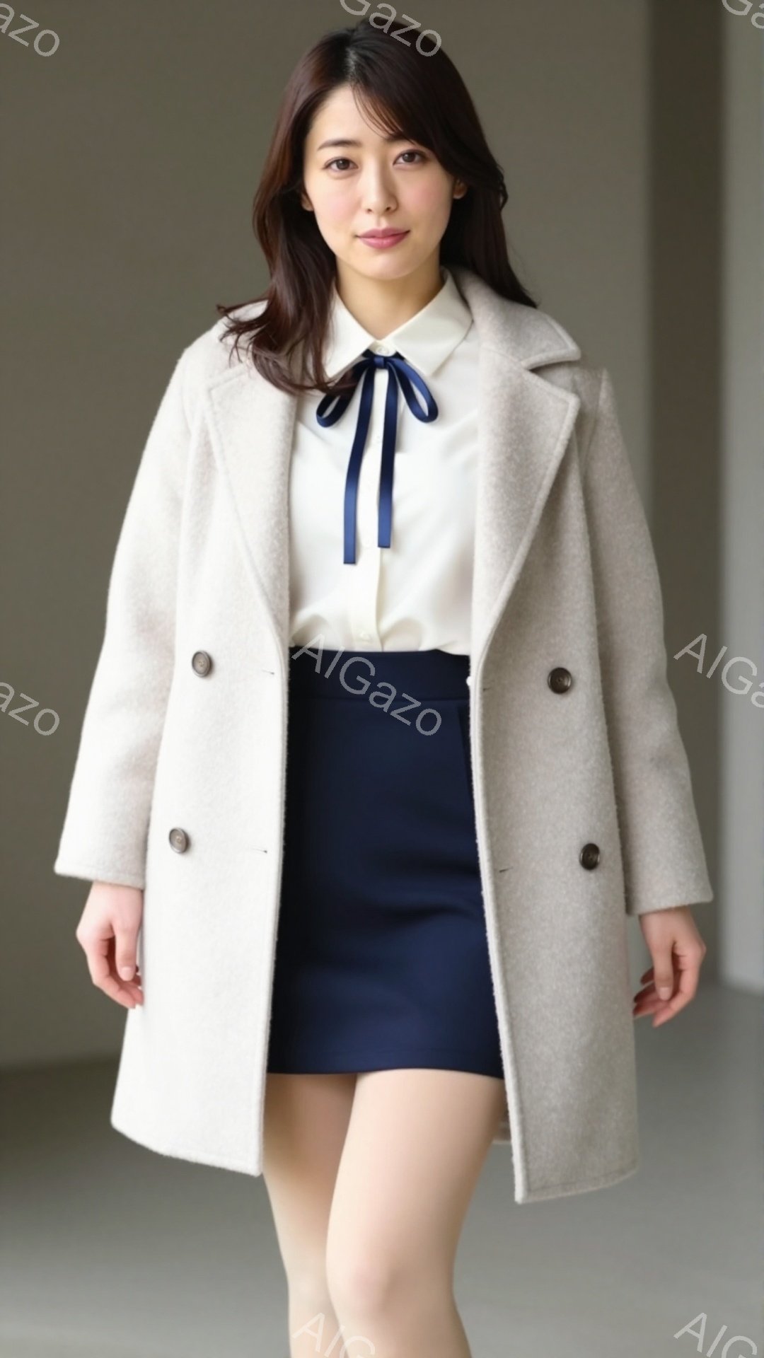 画像には、ベージュ色のコートを着た若い女性が写っています。彼女は白いブラウスに濃い青色のミニスカートを合わせ、首に濃い青色のリボンを結んでいます。女性は少し微笑んでおり、リラックスした姿勢でわずかに体 - AI生成フリー素材