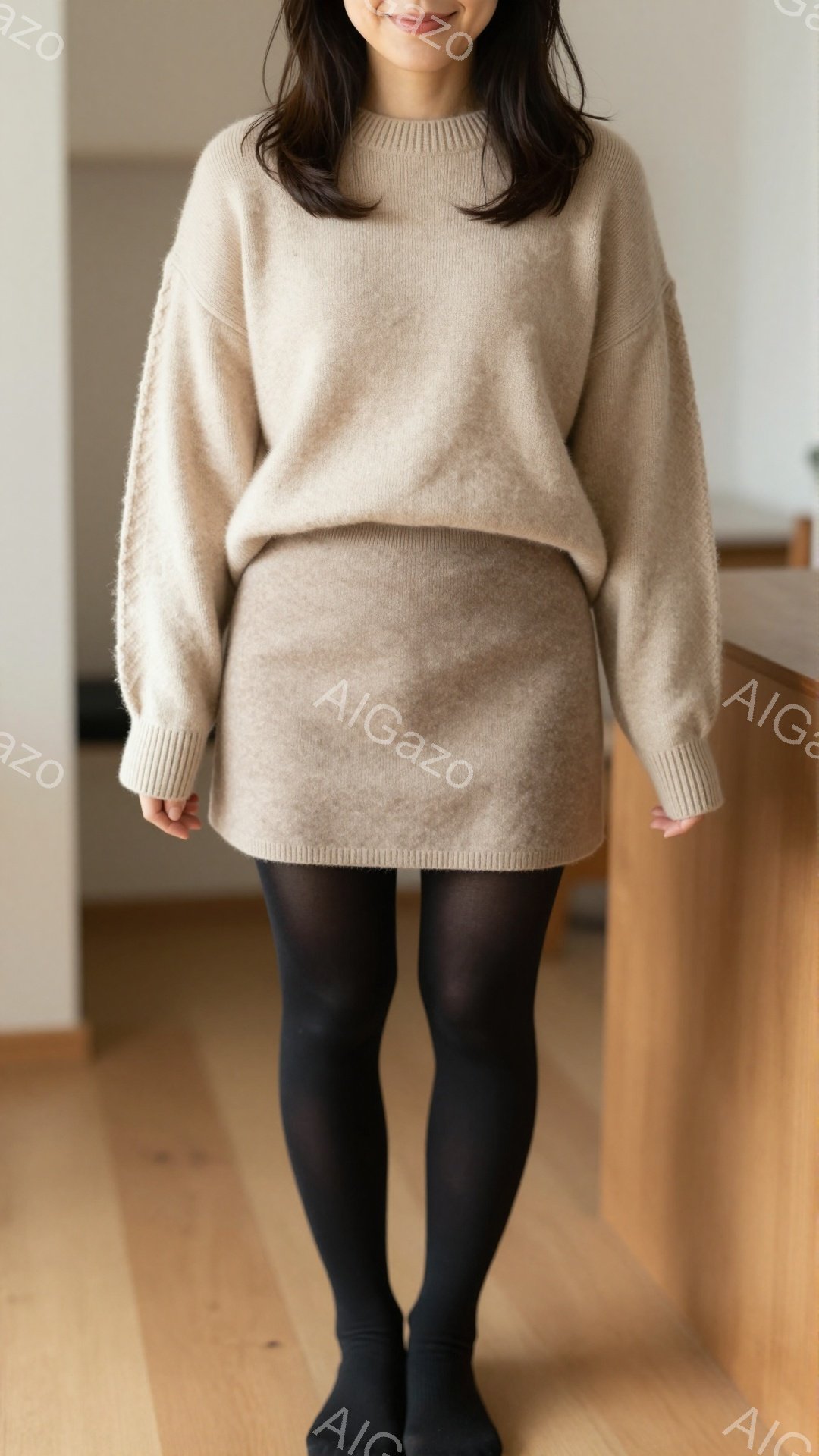 画像は、ベージュ色のオーバーサイズのセーターとスカートを身に着けた女性を捉えています。彼女は黒いタイツを履き、髪は肩までの長さで自然なカールがかかっています。背景は木製の床とカウンターがあり、暖かく穏やかな雰囲気が漂っています。