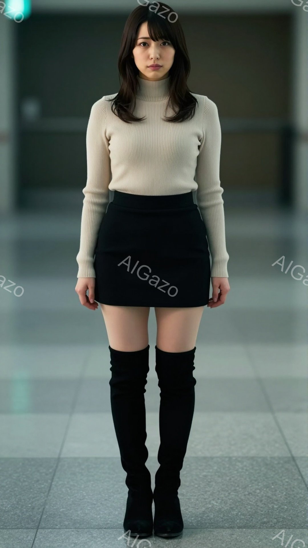 長い茶色の髪を肩のあたりで下ろした女性が、ベージュのセーターと黒いミニスカート、黒いニーハイブーツを身に着けて立っています。彼女はまっすぐ前を見ており、表情は穏やかです。背景は灰色でシンプルなタイル張りの床で、近代的な建物内部のようです。